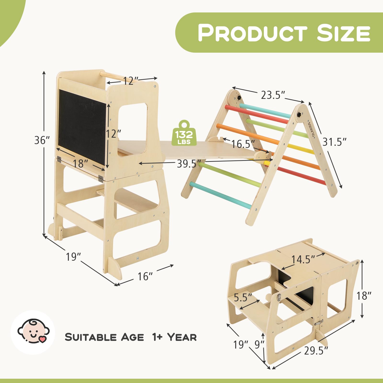 OLAKIDS 7-in-1 Foldable Wooden Pikler Montessori Climber Set for Toddlers - Adjustable Angle Ladder, Ramp, Slide & Toddler Tower - Indoor Jungle Gym Playset for Home Playrooms, Daycares & Montessori Classrooms