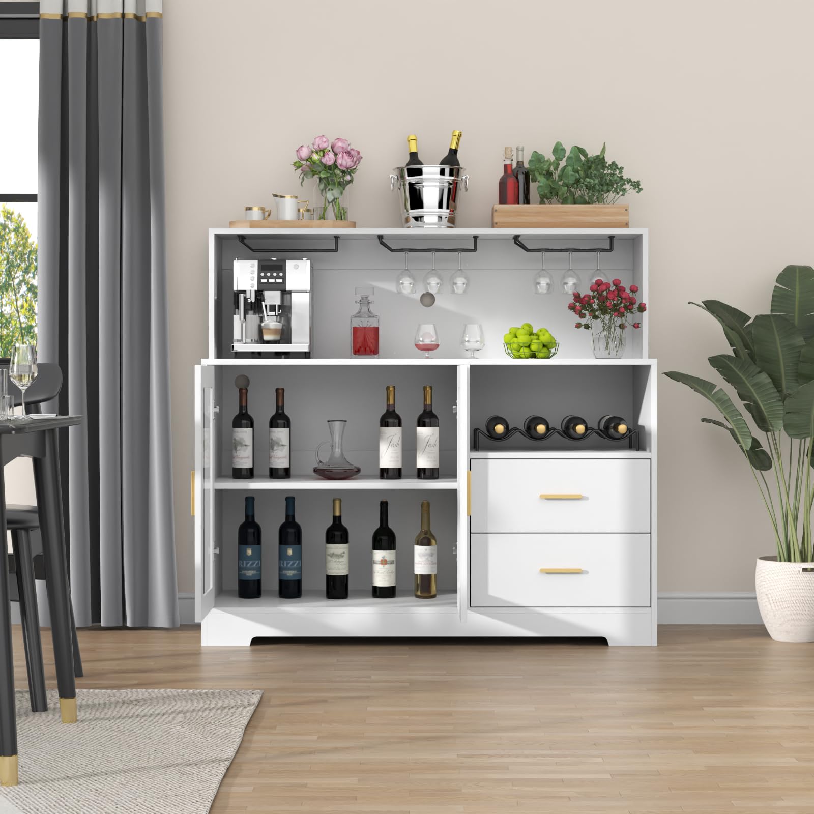Modern White Wine Bar Cabinet with LED Lighting - Kitchen Buffet Sideboard with Wine & Glass Rack, Storage Cabinet & Drawers - Perfect for Living Room, Dining Room & Home Bar Setup