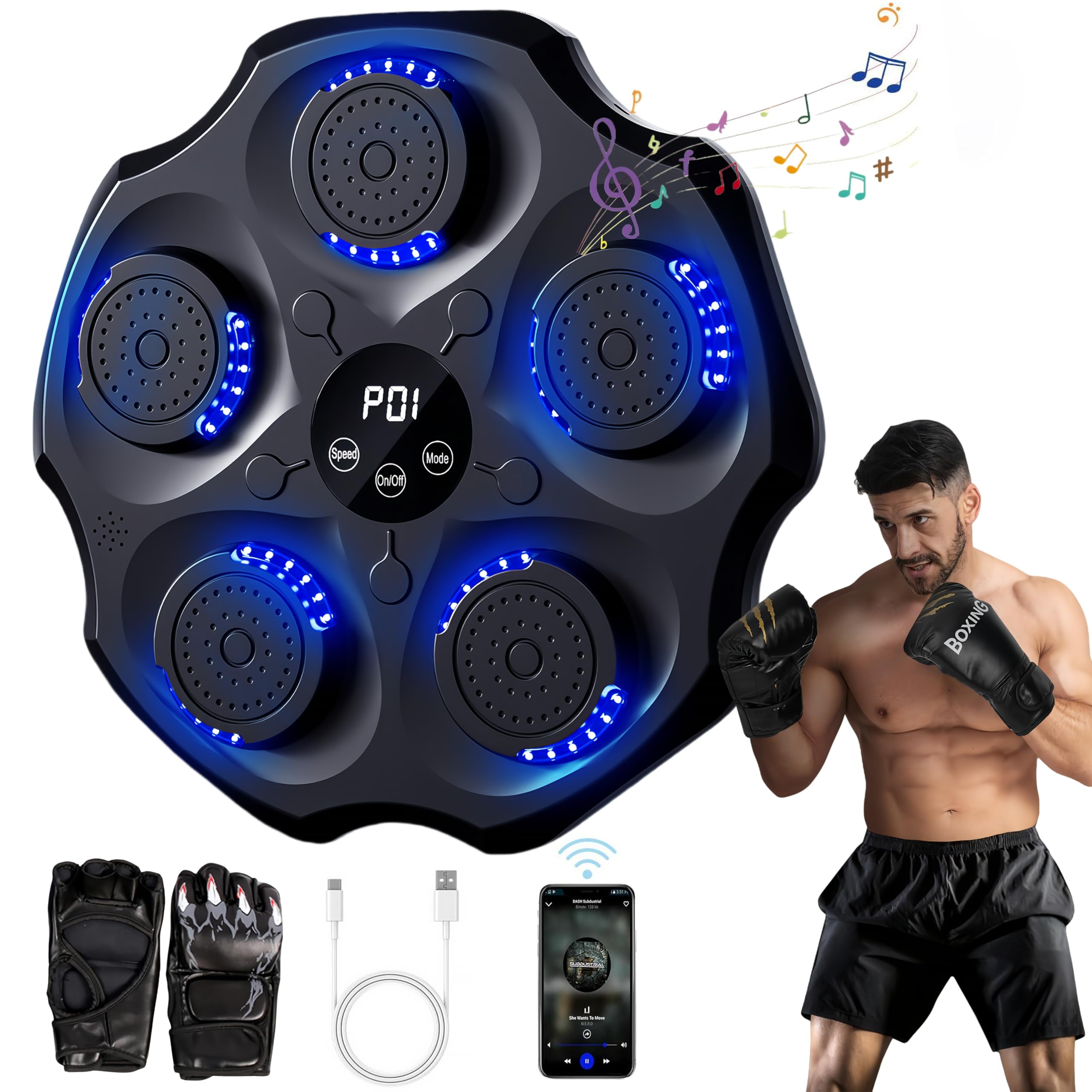 Smart Bluetooth Music Boxing Machine for Adults - Wall-Mounted LED Punching Target with Gloves, 9 Training Modes & 9 Speed Levels - Home Gym Equipment for Indoor Fitness & Stress Relief Workouts