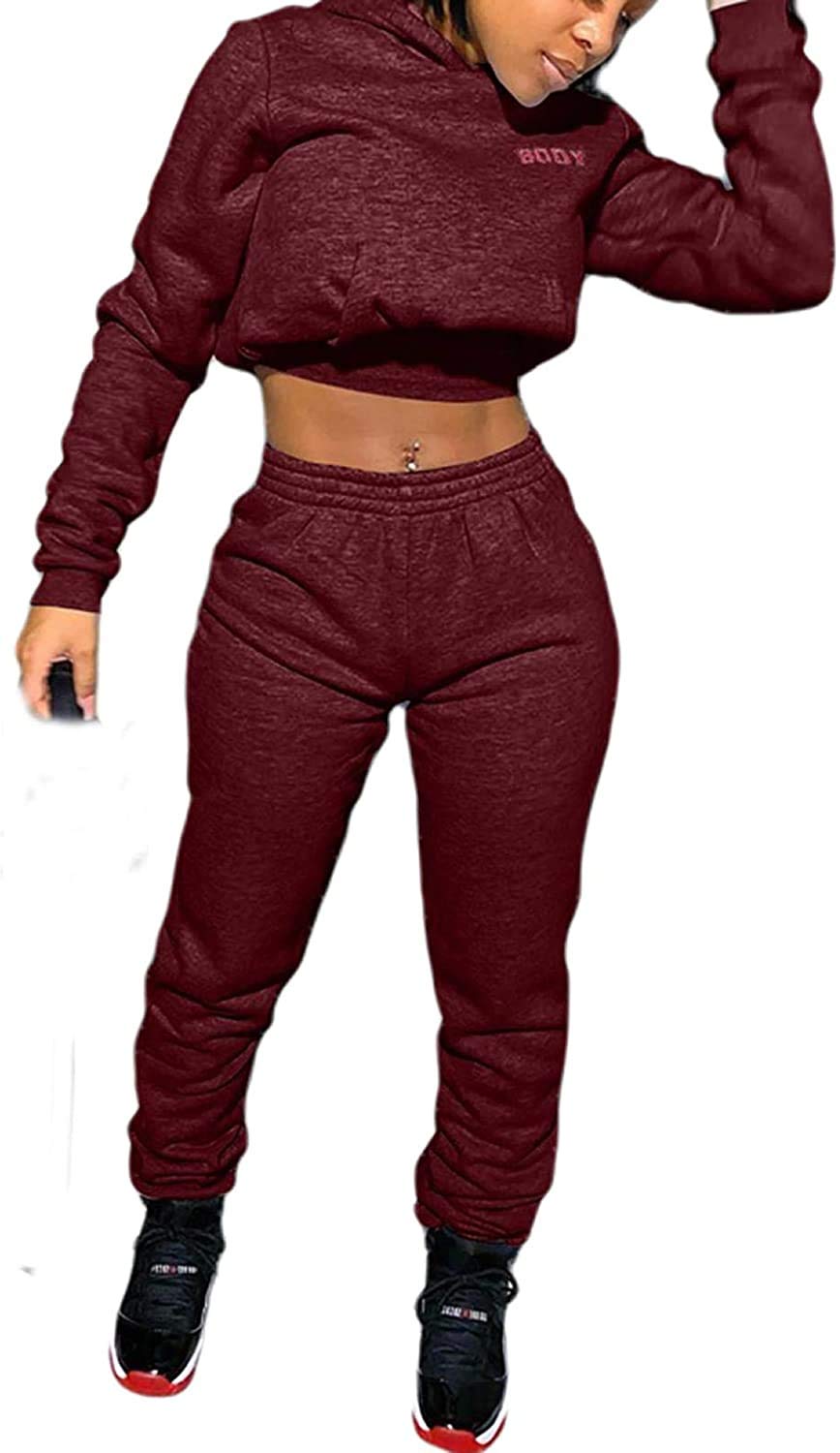 Women's 2-Piece Tracksuit Set - Hooded Crop Top Sweatshirt & Jogger Pants with Body Letter Print | Cozy Fall Winter Outfit for Gym, Lounge & Streetwear Fashion