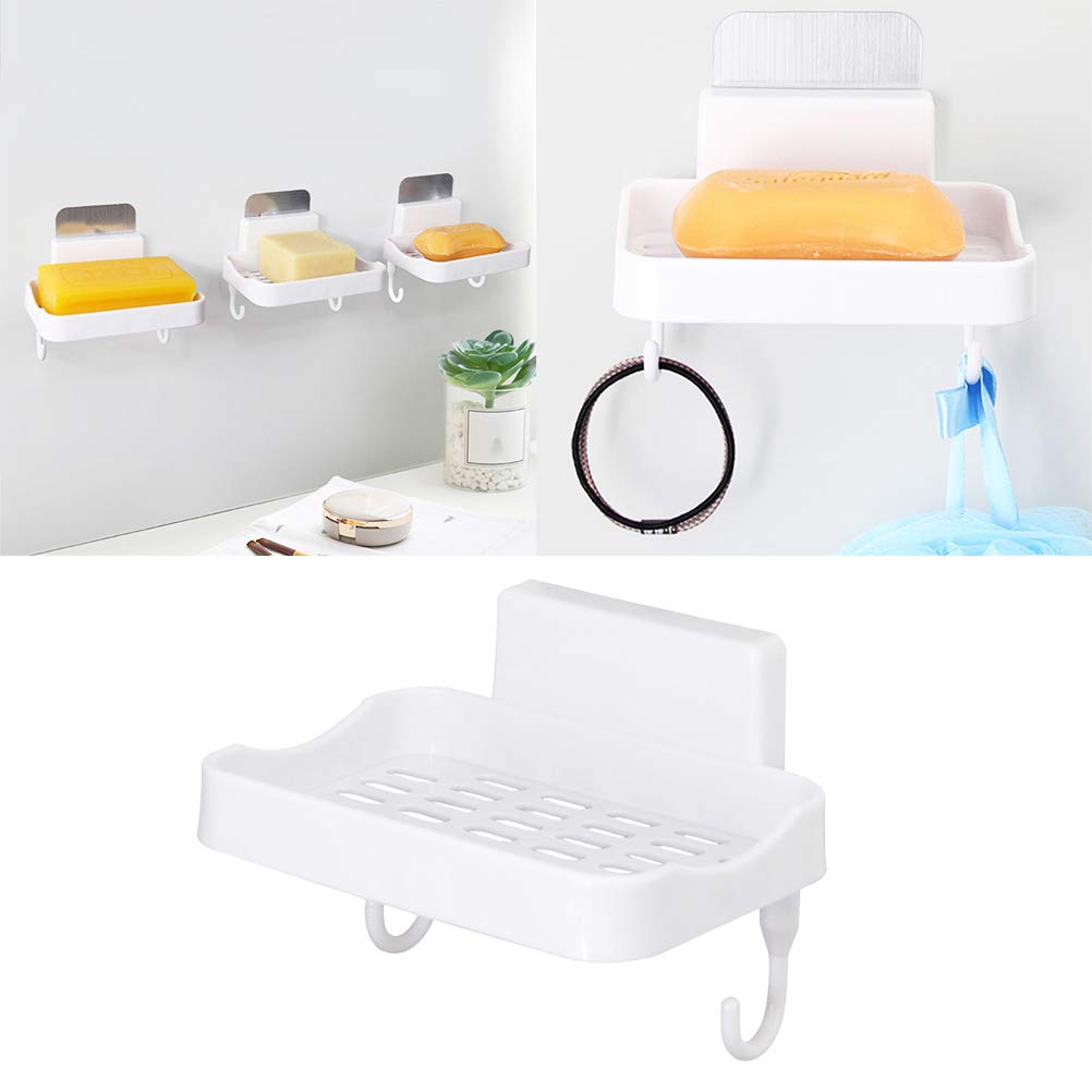 Cabilock White Wall Mount Soap Holder with Hook Dispenser - Smooth Surface Bathroom Storage Rack for Shower, Sink & Kitchen - Durable Soap Dish Organizer for Home, Hotel and RV Use