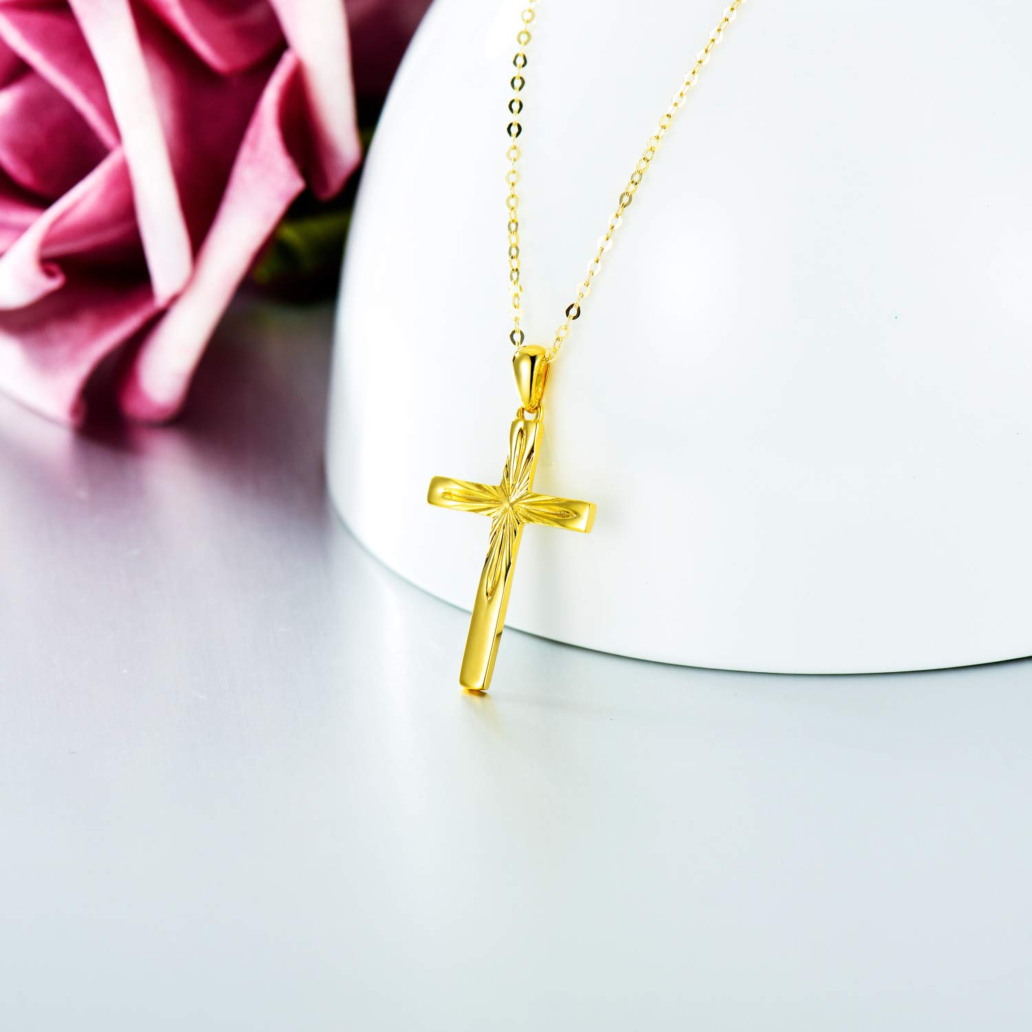 14K Solid Gold Cross Necklace for Women - Delicate Italian Diamond-Cut Religious Pendant Jewelry, 16
