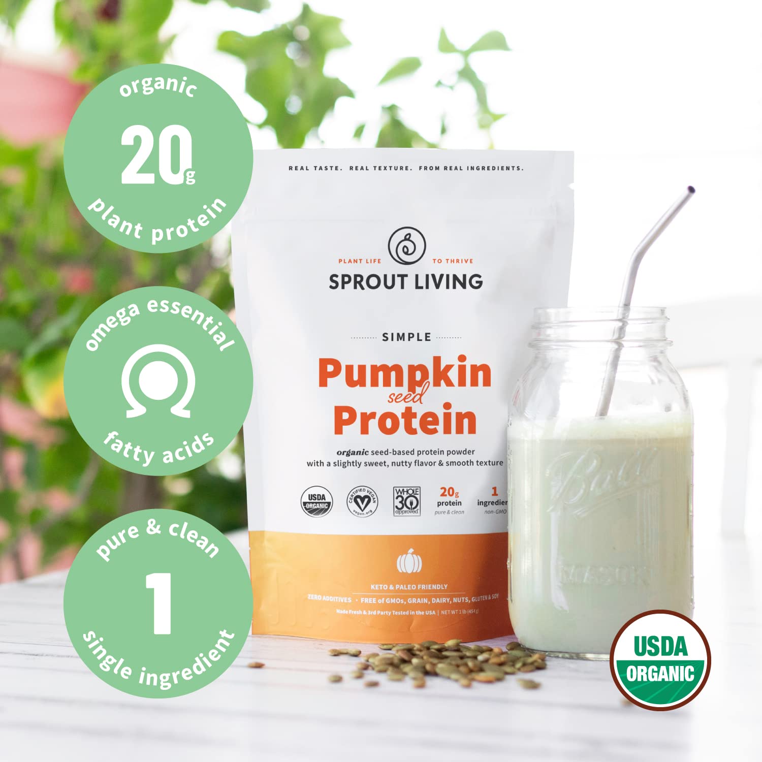 Sprout Living Organic Pumpkin Seed Protein Powder - 20g Plant-Based, Dairy-Free, Non-GMO, Vegan, Gluten-Free, Keto-Friendly Protein Supplement (5lb) - Perfect for Smoothies, Baking & Post-Workout Recovery