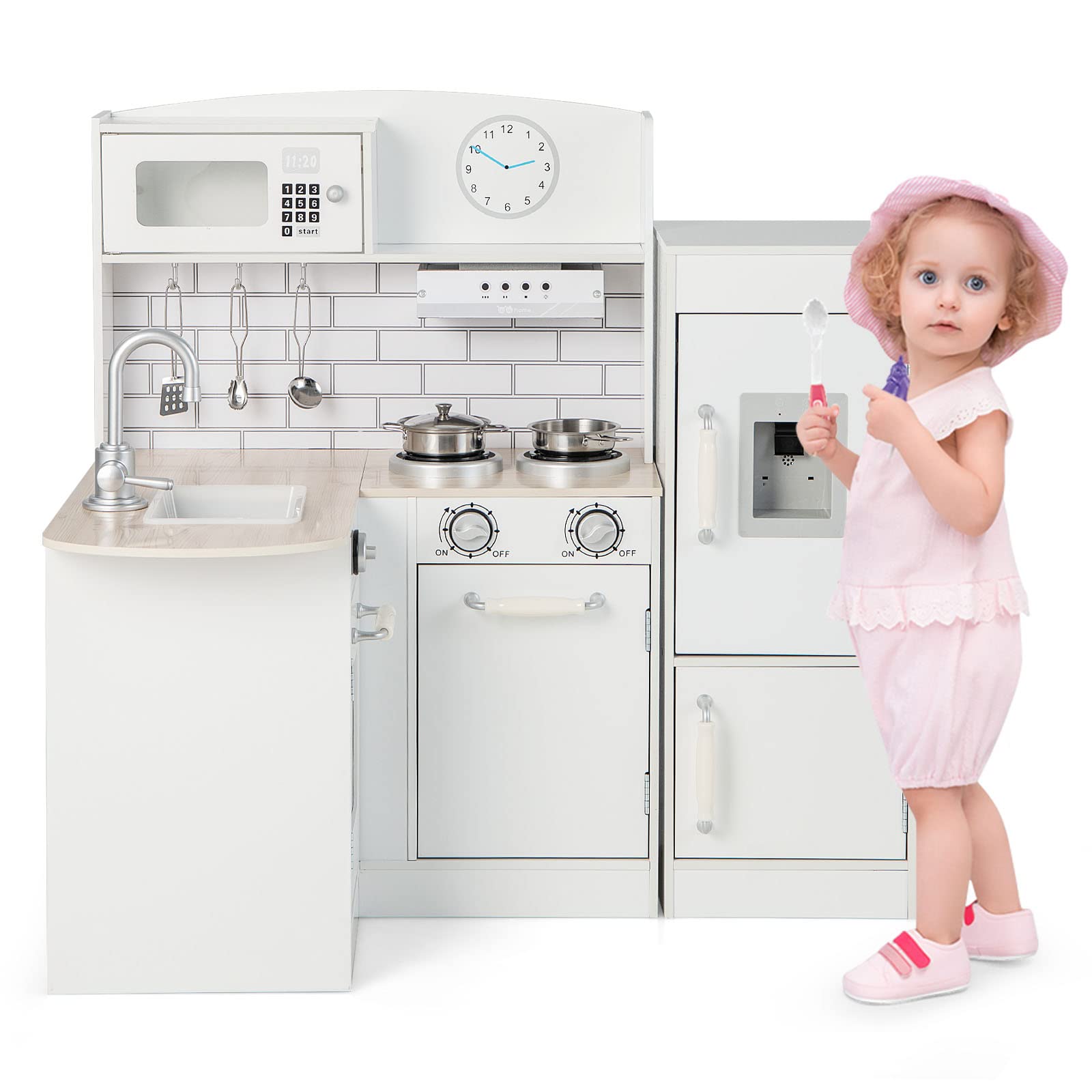 HONEY JOY Wooden Play Kitchen Set for Toddlers - Pretend Toy Kitchen with Water Dispenser, Microwave, Range Hood, Refrigerator & Cookware - Interactive Kids Kitchen Playset with Lights & Sounds - Perfect for Pretend Play, Role-Playing & Early Learning