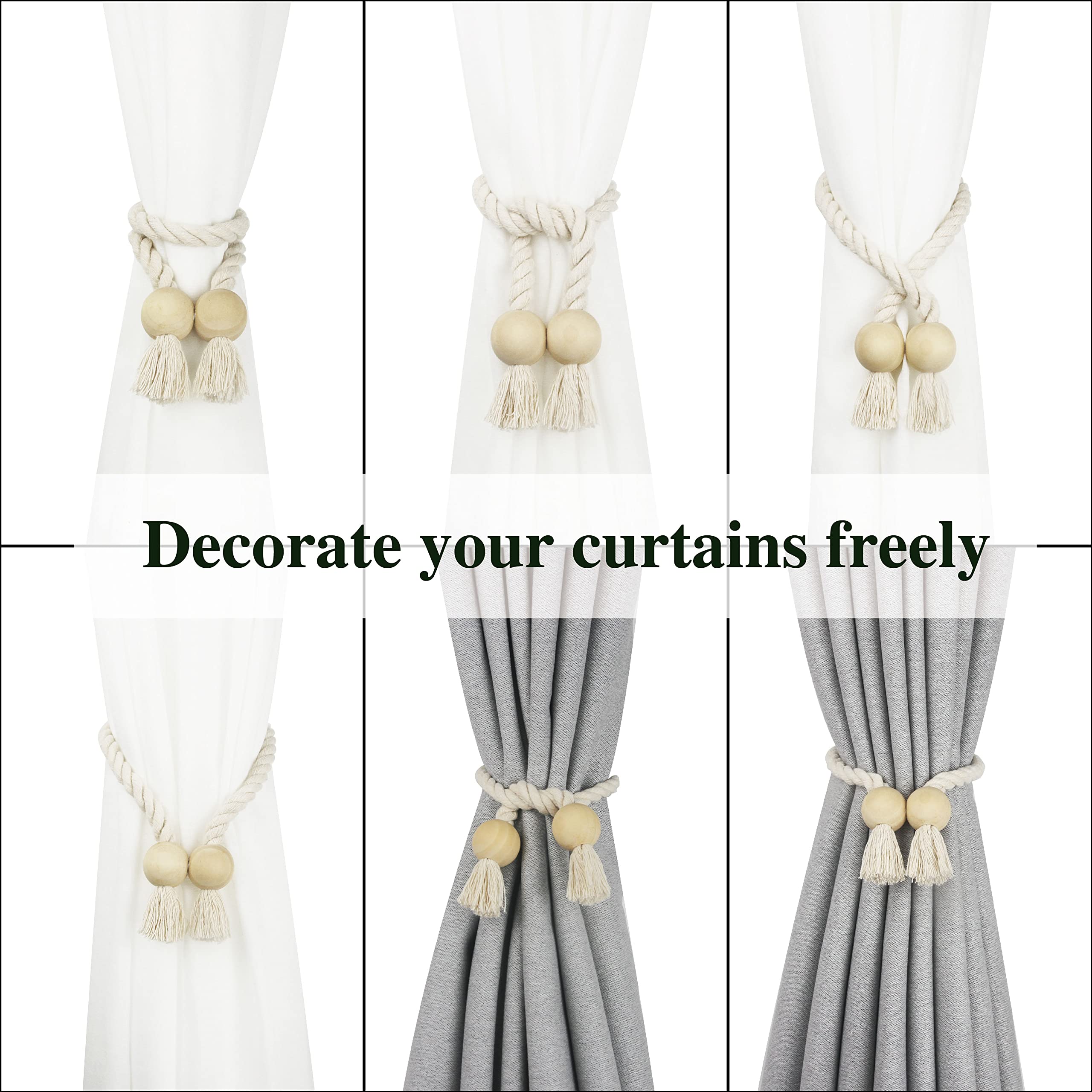 2 Pack Magnetic Curtain Tie Backs - Cotton Hand Woven Decorative Rope Holdbacks for Drapes & Curtains, No Tools Required, Beige - Perfect for Living Room, Bedroom & Window Decor