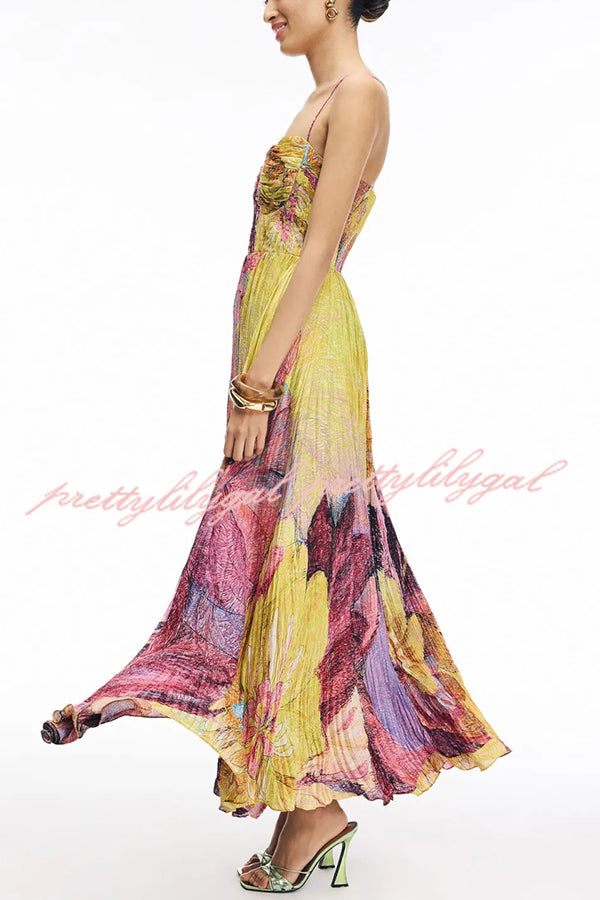 Elegant Floral Print Sweetheart Neck Pleated Maxi Dress for Women | Summer Beach Wedding Party Cocktail Dress