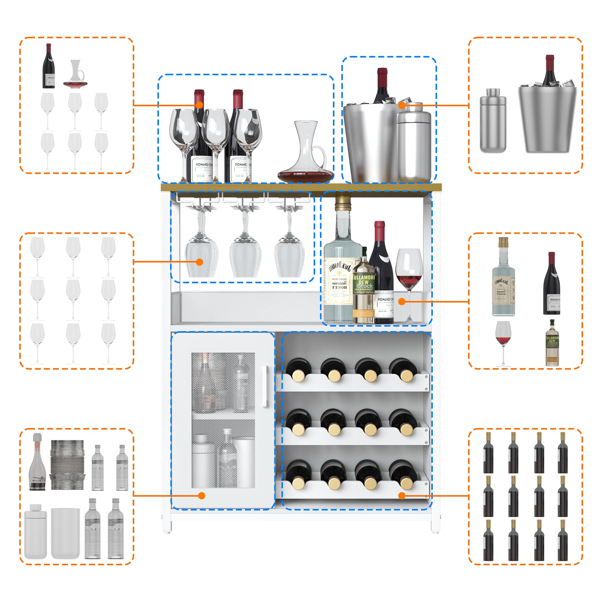 Industrial White Wine Bar Cabinet with Detachable Wine Rack - Farmhouse Coffee Bar Sideboard & Buffet Storage Cabinet for Kitchen, Dining & Living Room - Perfect for Home Bars, Entertaining & Wine Storage (White)