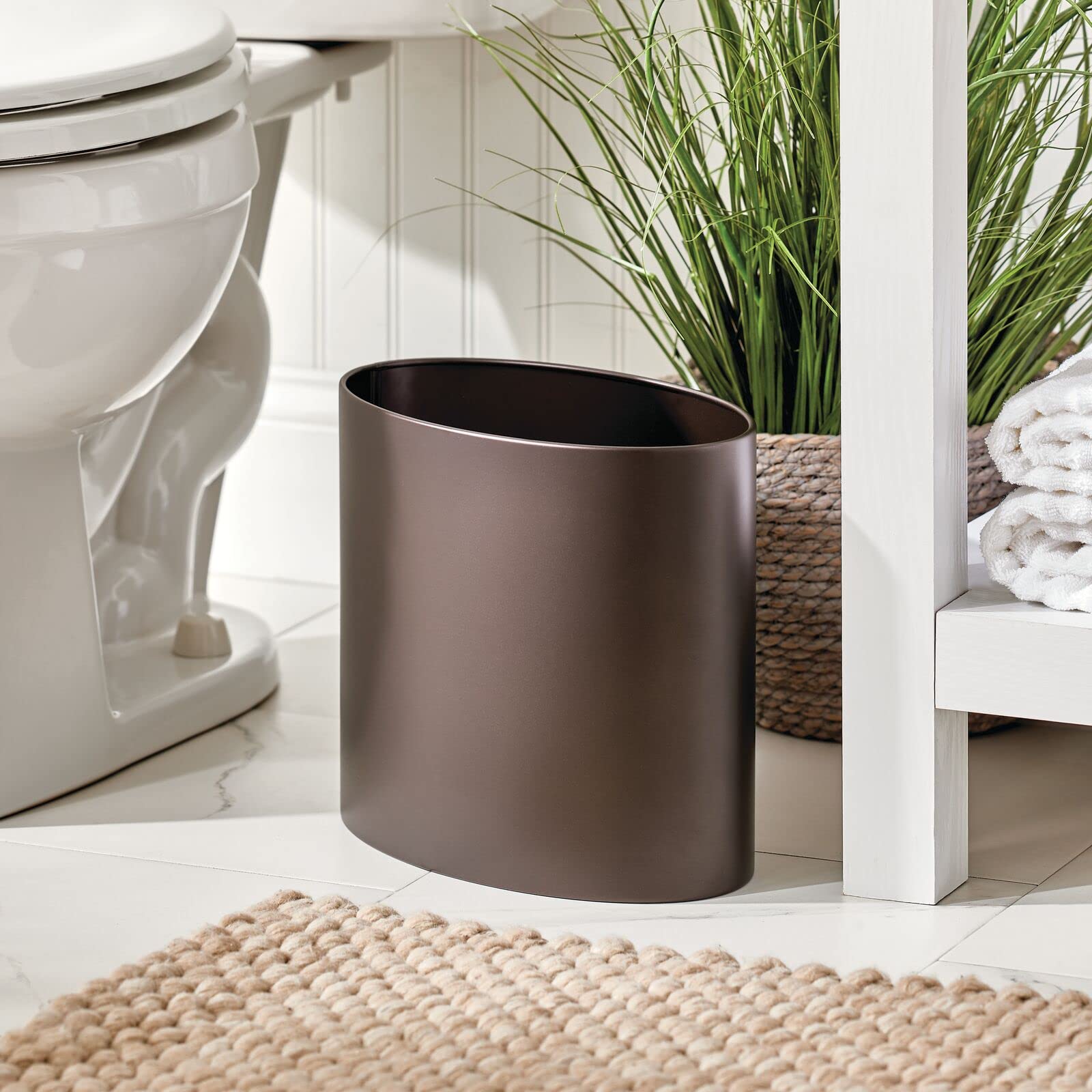 mDesign Stainless Steel Metal Oval Trash Can - 7.9L/2.09G Waste Basket for Bathroom, Bedroom, Kitchen & Office - Bronze Mirri Collection - Perfect for Recycling & Waste Disposal in Small Spaces
