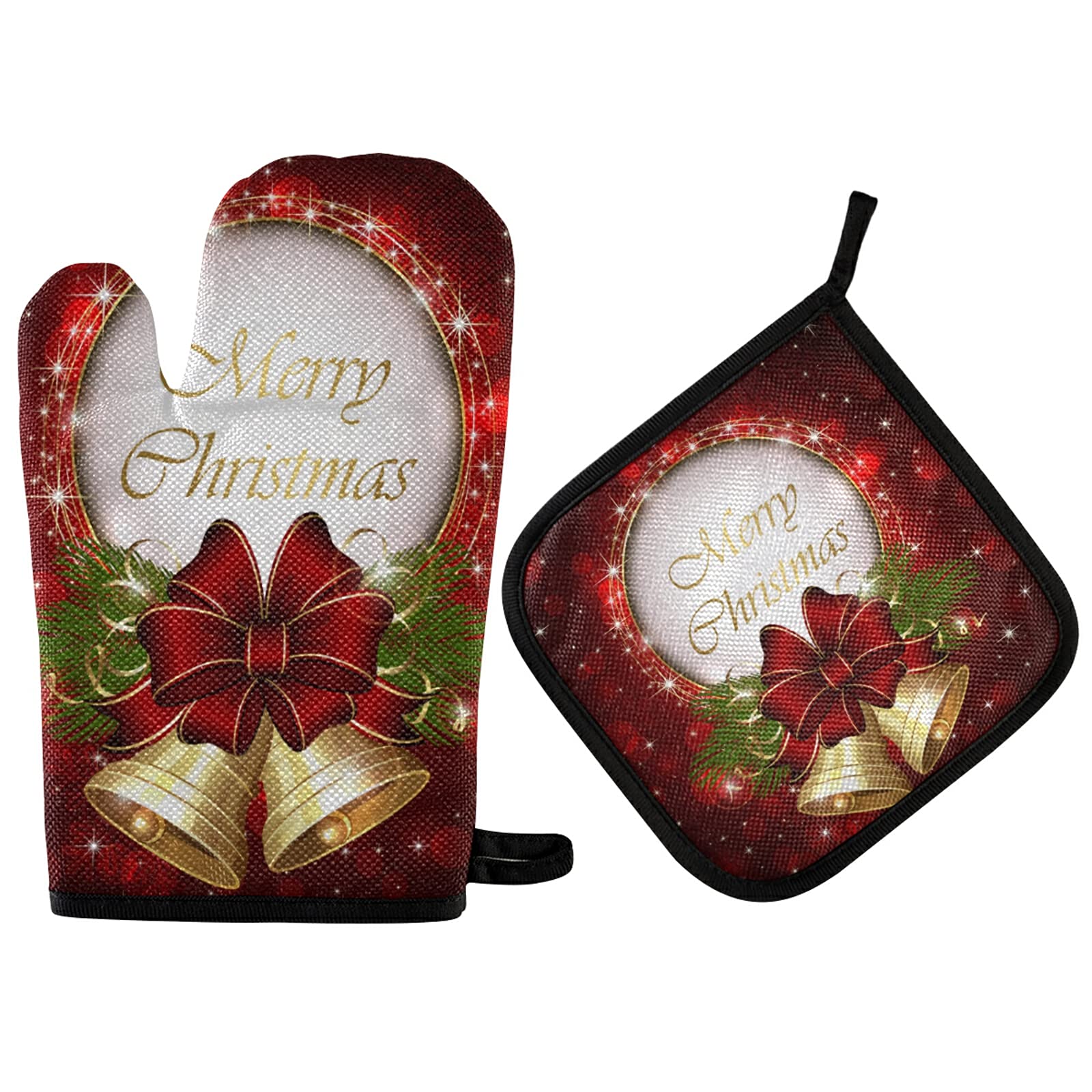 Aflyko Christmas Oven Mitt and Pot Holder Set - Heat Resistant Kitchen Gloves for Baking, BBQ, Grilling - Festive Holiday Decor with Bell Bow Snowflake Design - Perfect for Christmas Gifts, Home Cooking & Holiday Parties