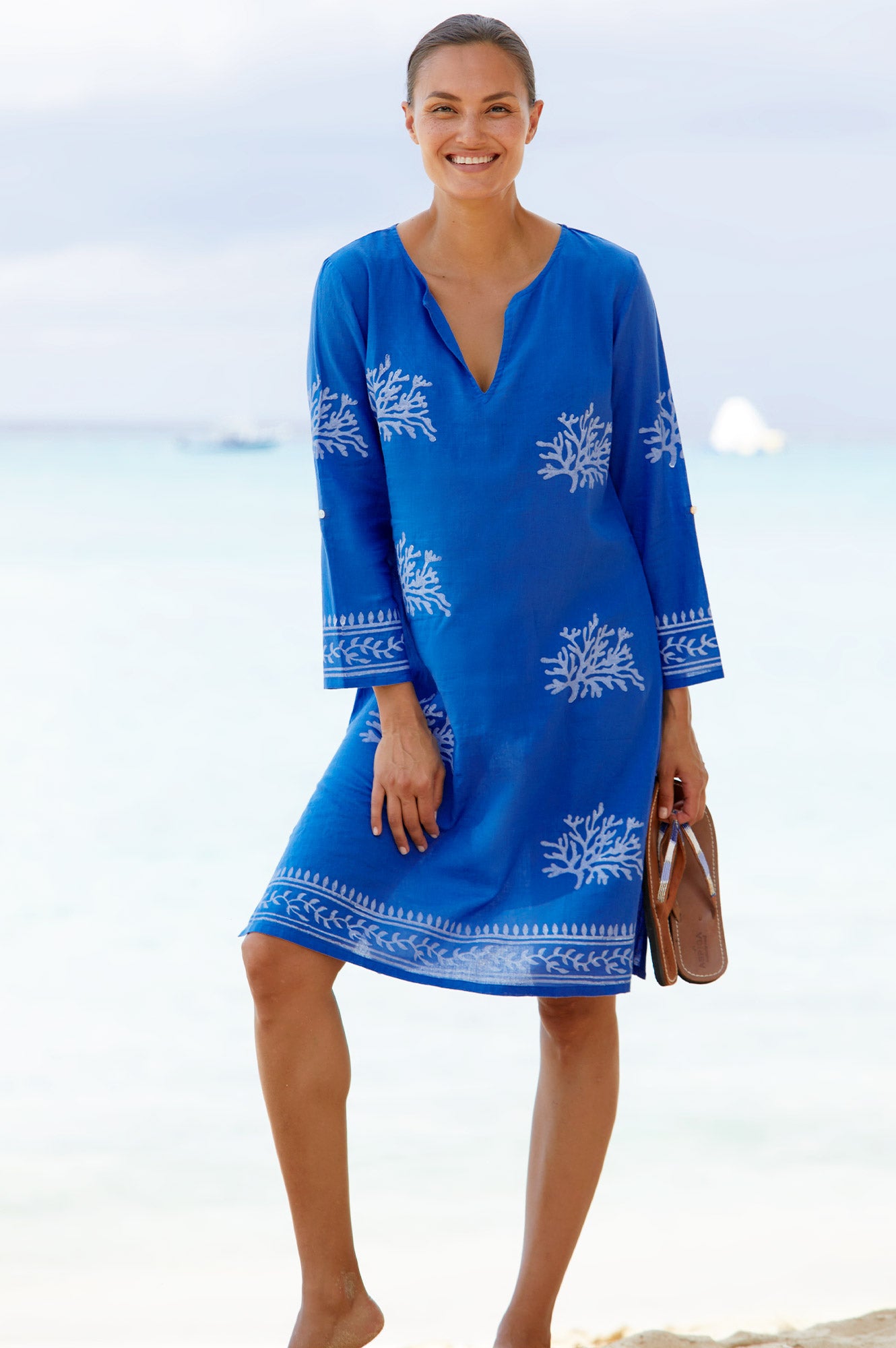 Guadalupe Short Sleeve Organic Cotton Tunic Top - Cobalt Blue & White Striped | Casual Summer Wear, Beach Cover-Up, Boho Chic Outfit