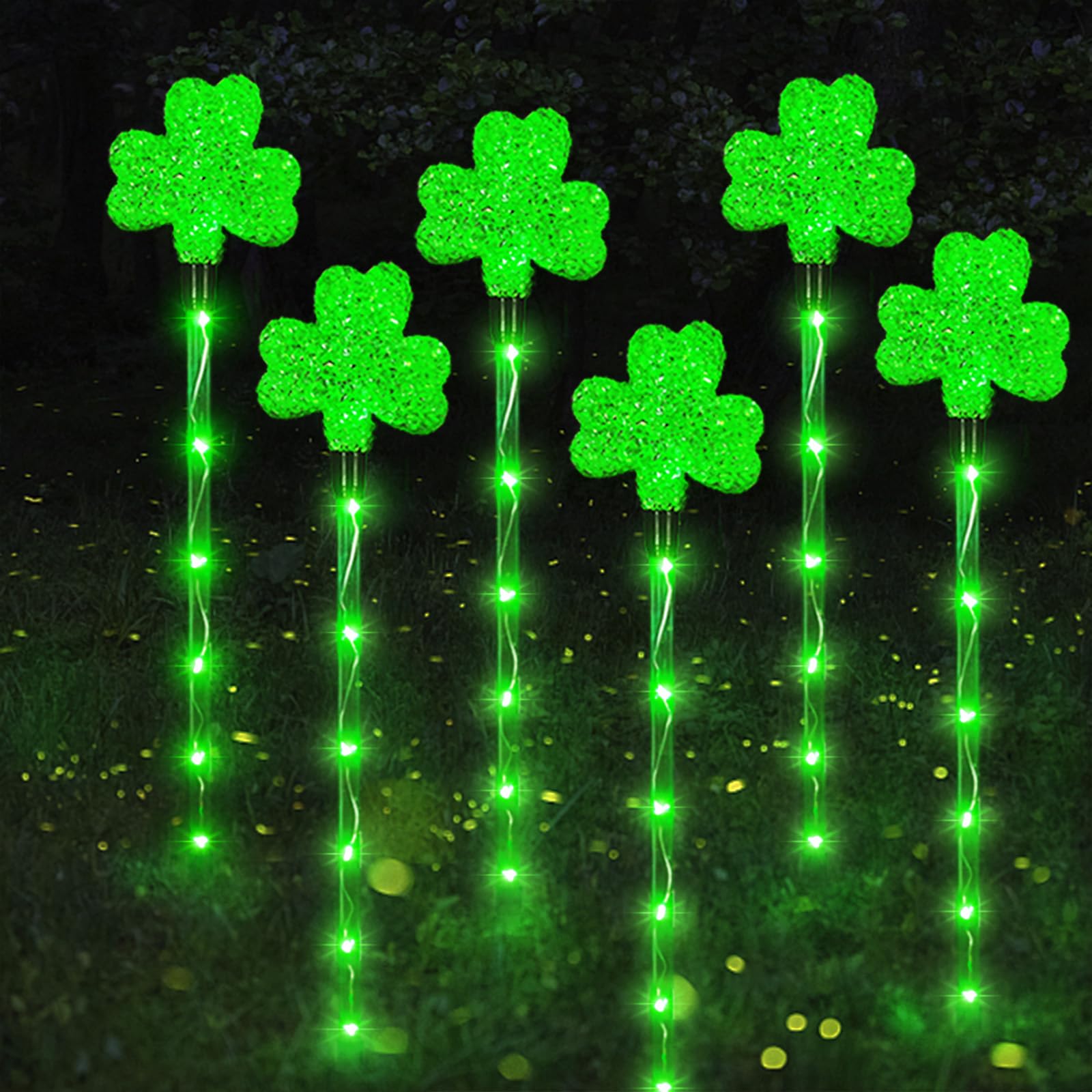 Shamrock Solar Lights - 6 Pack 48 LED Waterproof Outdoor Garden Stake Lights with 8 Modes for St. Patrick's Day Decor, Yard & Pathway Lighting - Perfect for Irish-Themed Parties, Backyard Landscaping and Holiday Decoration