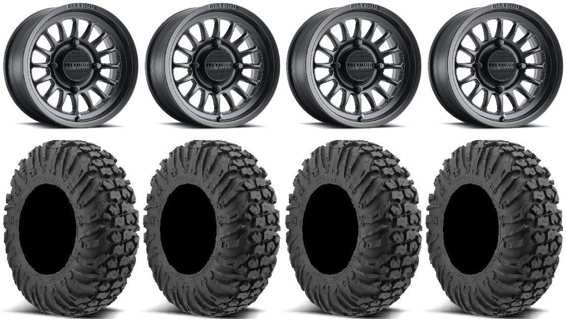 Method 411 15-Inch Black Wheels (5+2 Offset) with 32-Inch MotoVator Tires - 4x156 Bolt Pattern & 3/8x24 Lug Kit - 9-Piece ATV/UTV Wheel & Tire Bundle for Off-Road Adventures & Trail Riding
