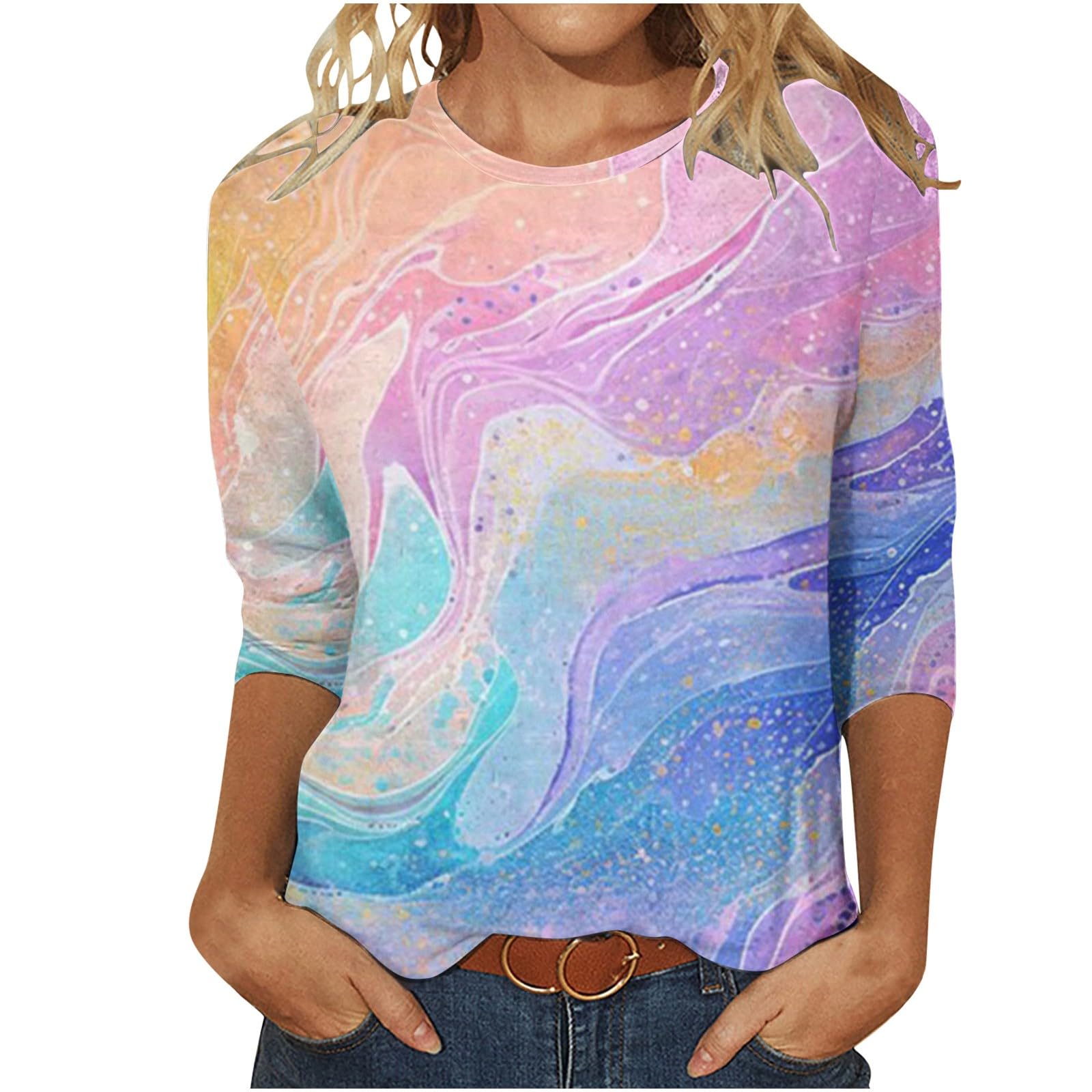 2024 Canada Women's 3/4 Sleeve Round Neck Loose Casual Tie Dye Print T-Shirts | Prime Day Deals | Pink Blouse for Work, Travel & Everyday Wear