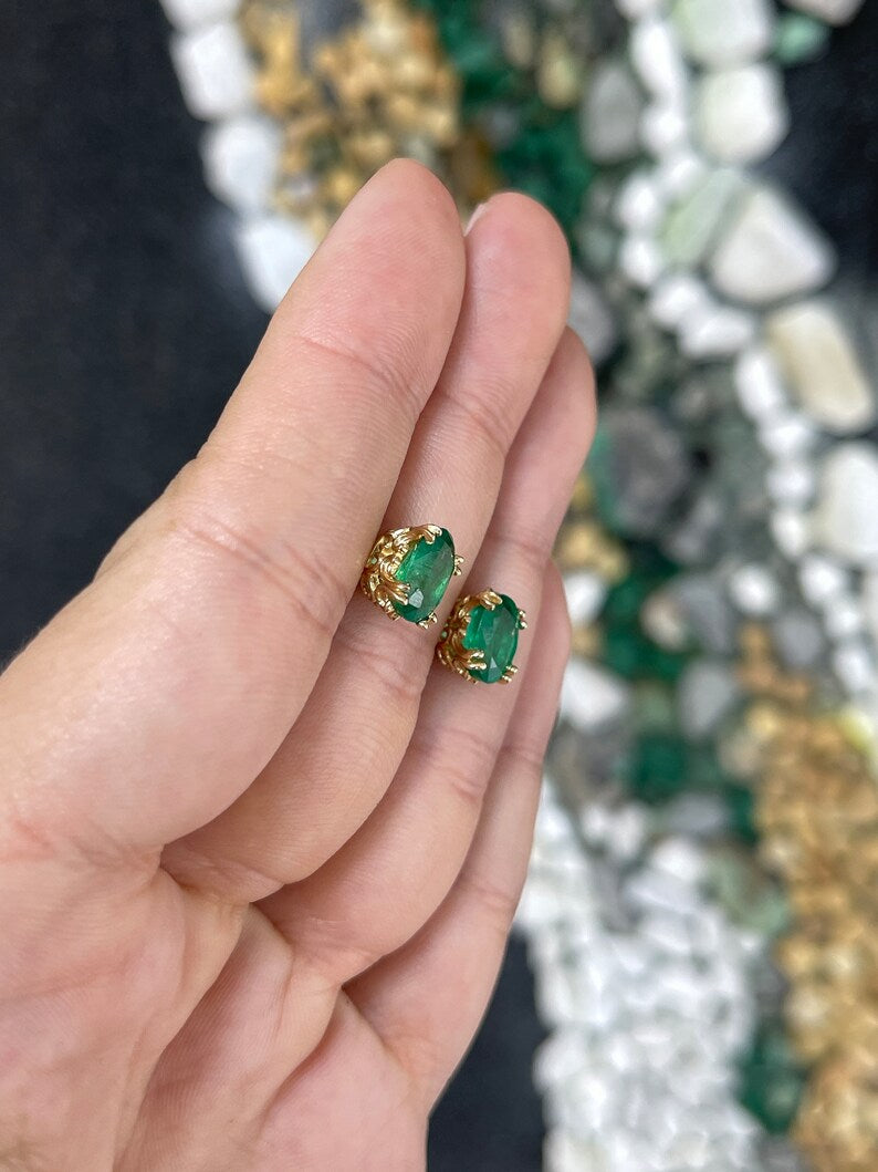 14K Gold Oval Cut Floral Fleur De Lis Stud Earrings - 3.43tcw Medium Dark Green Gemstone for Women, Perfect for Weddings, Parties & Everyday Elegance