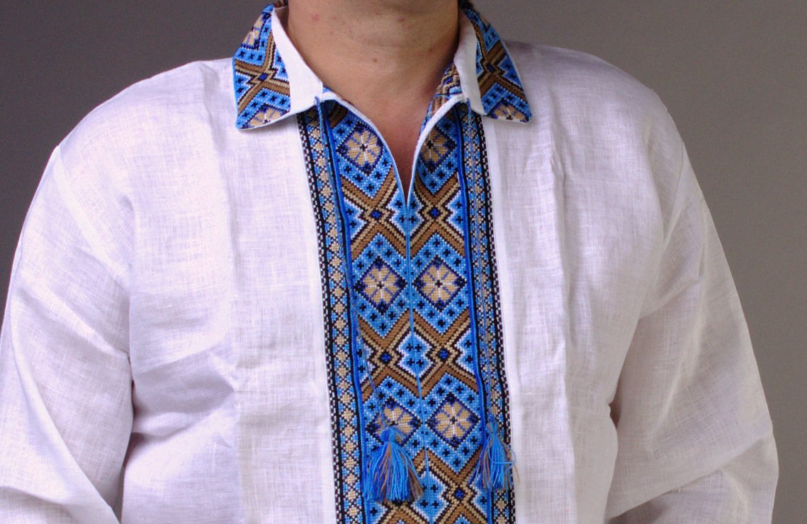 Authentic Ukrainian Vyshyvanka Men's Embroidered Polo Shirt - Handmade White & Blue Linen Shirt for Men - Traditional Folkwear for Festivals, Weddings & Cultural Events