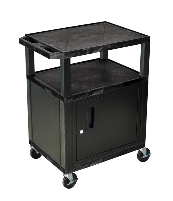 Luxor Tuffy Black 3-Shelf AV Cart with Nickel Legs & Cabinet - Perfect for Home Theater, Classroom, and Office Media Storage