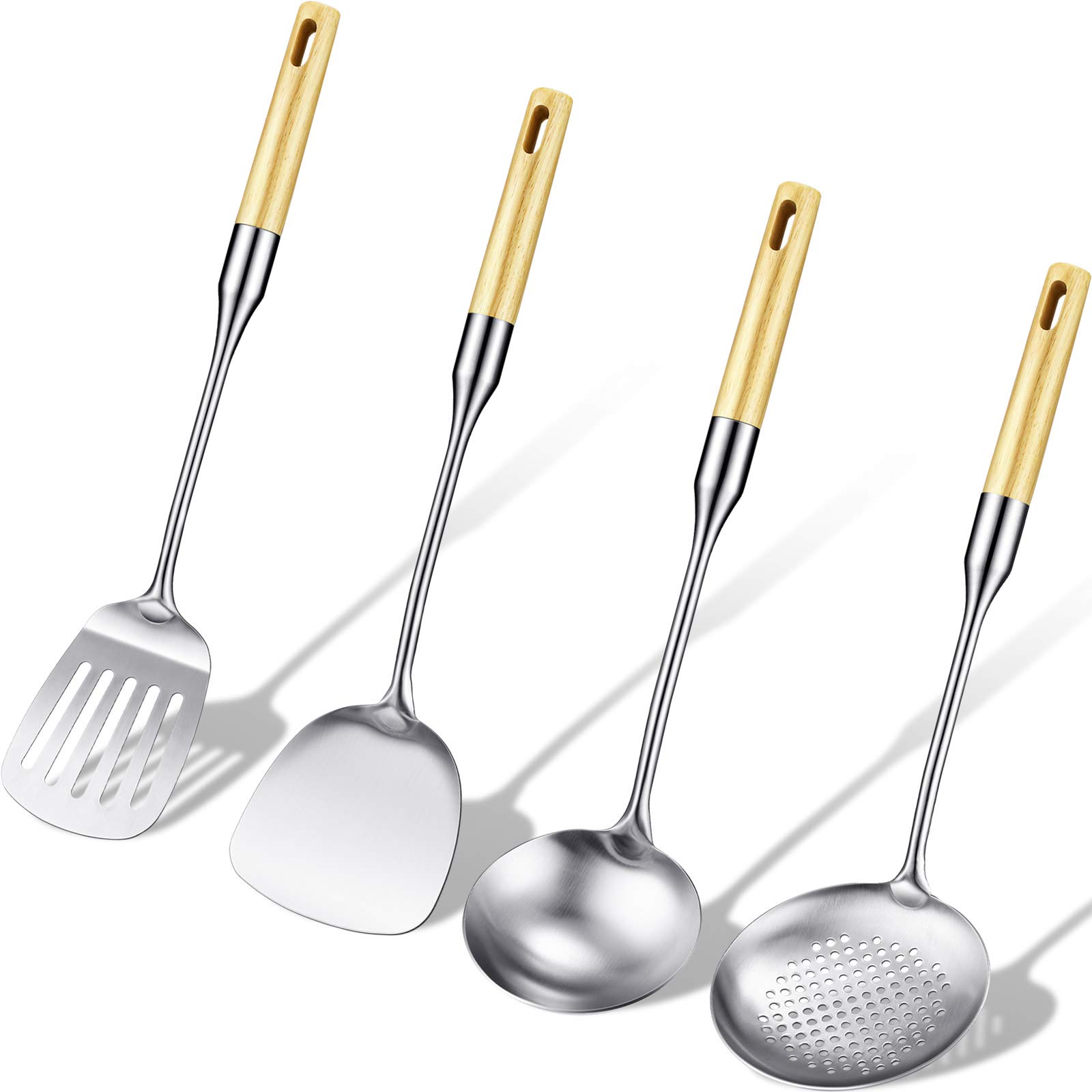 Premium Stainless Steel Chinese Wok Utensil Set - 5-Piece Nonstick Cookware Tools with Skimmer, Slotted Spoon, Spatula Turner, Wok Spatula & Soup Ladle - Ideal for Stir-Frying, Deep Frying & Asian Cooking