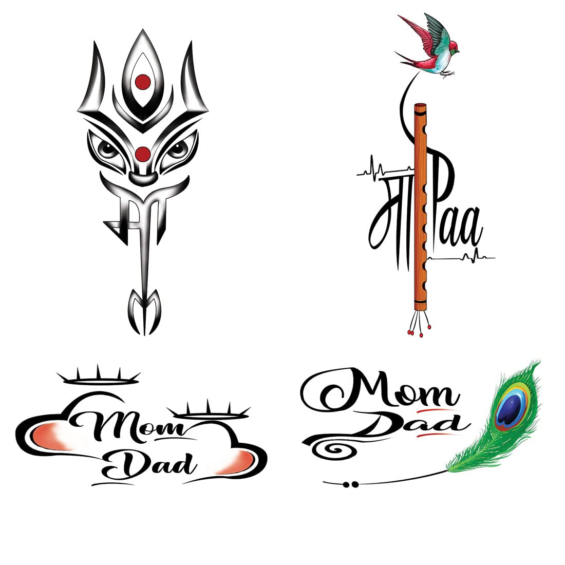 Pack of 4 Temporary Tattoo Stickers - Love Mom Dad Flute Trishul Designs for Men & Women (2x4 Inch) | Waterproof Body Art for Parties, Festivals & Cultural Events