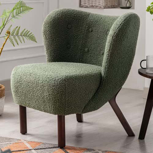 Modern Sherpa Accent Chair - Upholstered Barrel Lounge Chair with Wooden Legs, Comfy Single Sofa Armchair for Living Room, Bedroom, Office & Salon - Soft Lambskin Club Chair in Seaweed Green - Perfect for Relaxing, Reading & Home Decor