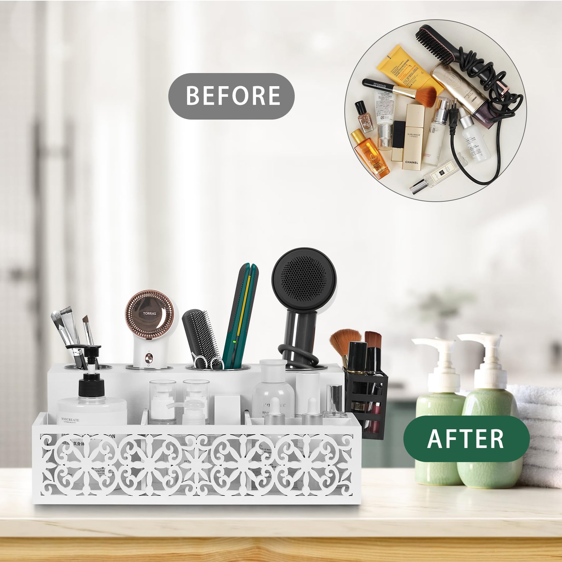 White Hair Dryer Holder & Bathroom Organizer - Hollow Out Design with Side Basket for Blow Dryer, Makeup & Toiletries | Countertop Vanity Storage Stand for Hair Tools & Cosmetics | Perfect for Bathroom, Salon & Home Organization