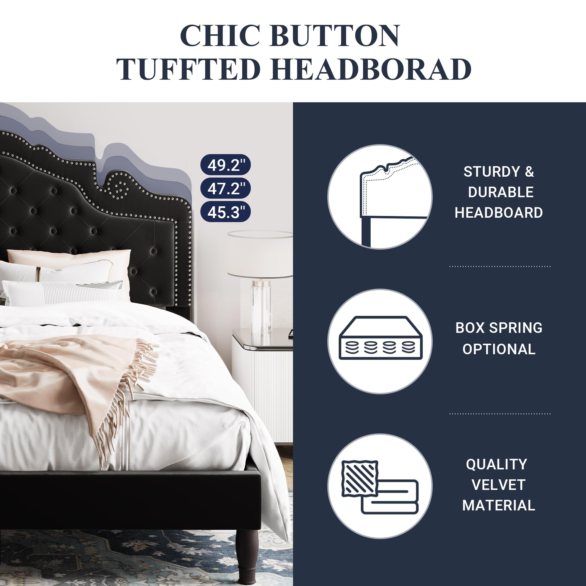 Allewie King Size Platform Bed Frame with Adjustable Velvet Tiara Headboard - Upholstered Diamond Button Tufted Design, Wood Slat Support, No Box Spring Needed - Easy Assembly Mattress Foundation in Black | Perfect for Master Bedrooms & Modern Home Decor