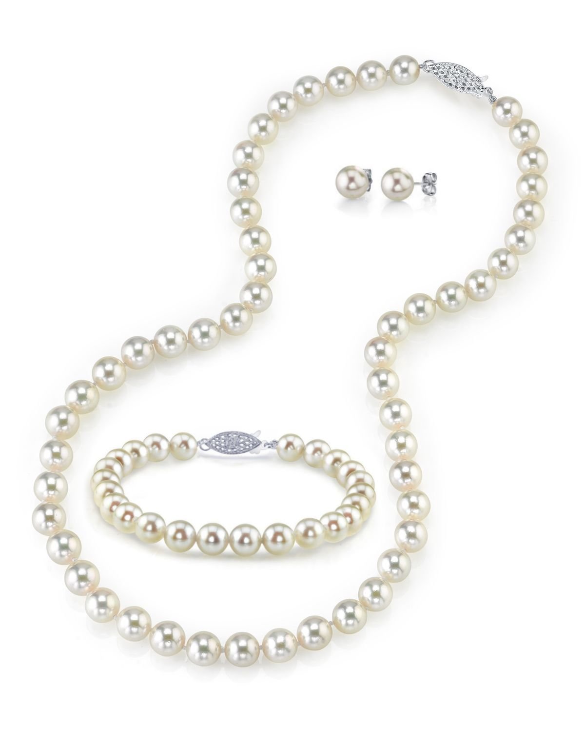 14K Gold Akoya Pearl Jewelry Set - Necklace, Bracelet & Earrings for Women | Wedding & Party Wear