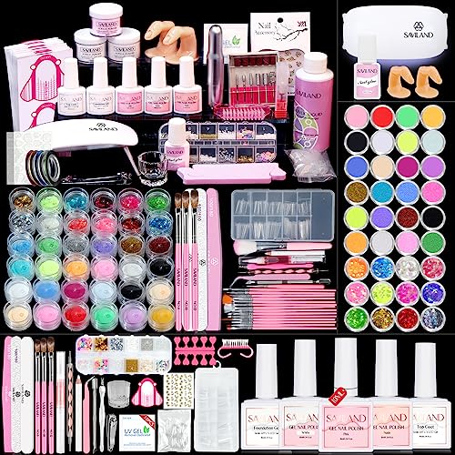Saviland Professional Acrylic Nail Kit with Electric Drill - Complete Nail Extension Set with Acrylic Powder, Liquid, Brushes & UV Light | Portable DIY Manicure Kit for Home Salon, Nail Art Practice & Professional Nail Extensions