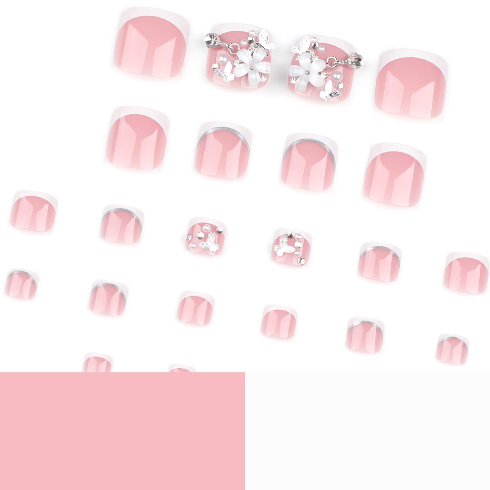 3D White Flower French Tip Press On Toenails - Short Square Fake Toenails with Pearl Accents | Glossy Full Cover False Nails for Summer Pedicure Decorations | Perfect for Beach Vacations, Weddings & Nail Art Enthusiasts