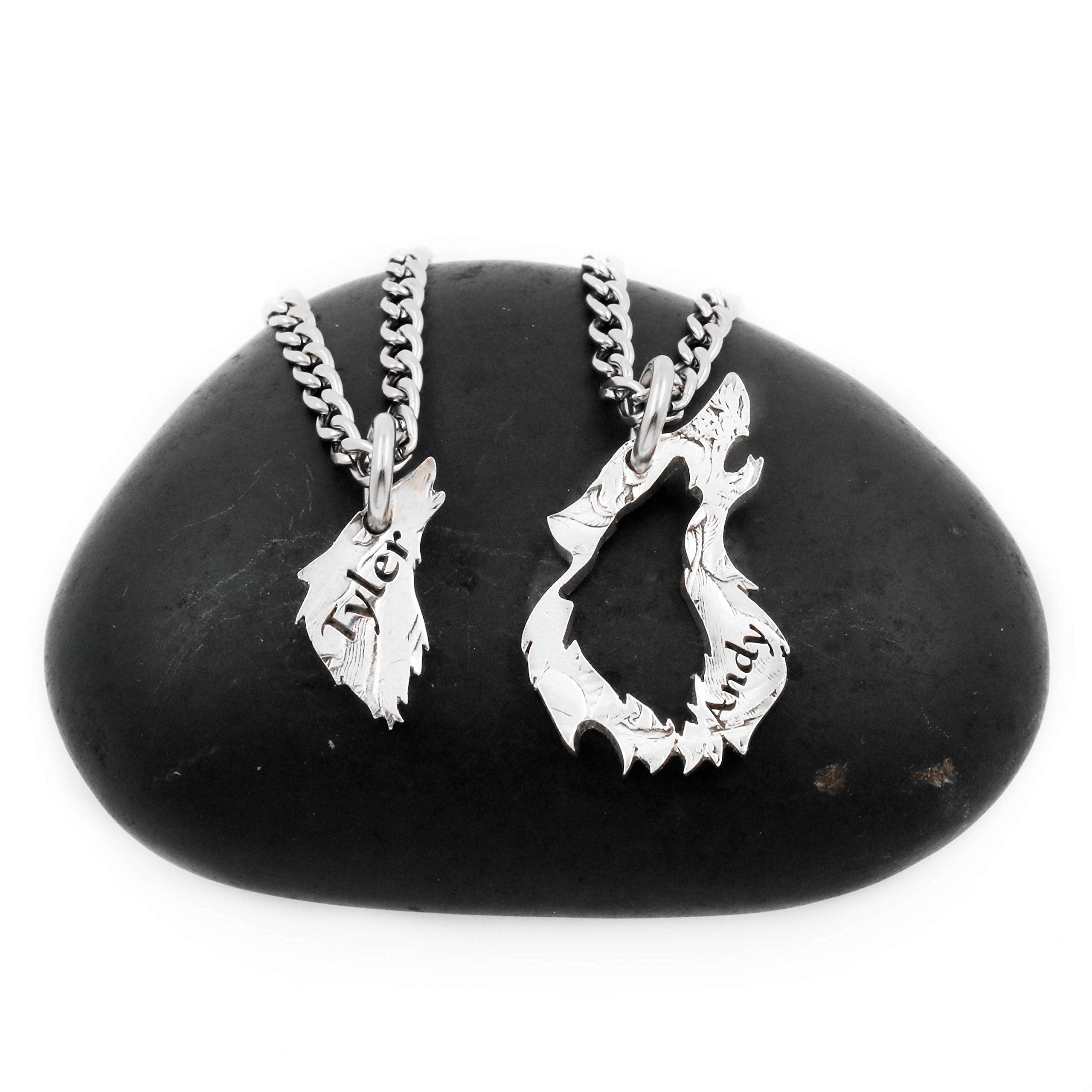 Custom Engraved Wolf Father and Son Necklaces - Personalized Family Jewelry with Hand Cut Coin - Meaningful Graduation Gift for Dads & Sons - Perfect for Father's Day, Birthdays & Special Occasions