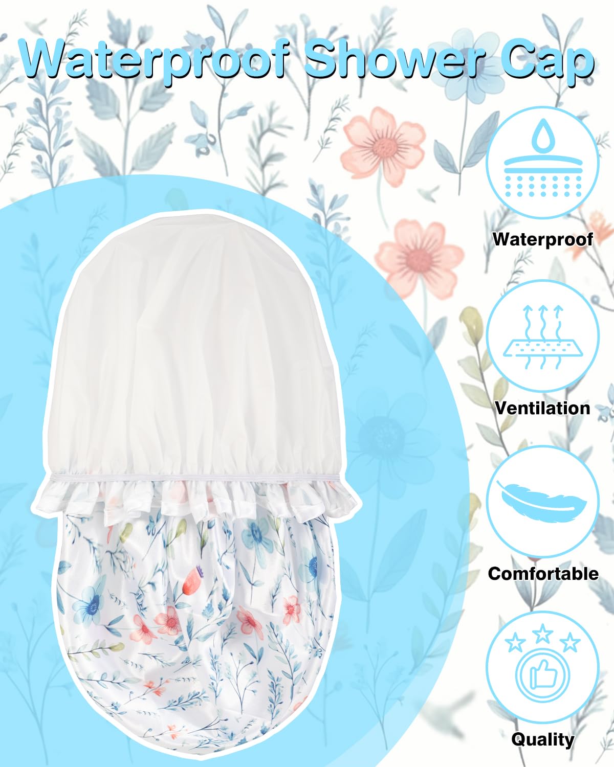 Waterproof Shower Cap for Women with Long Hair - Double Layer Reusable Bath Cap with Soft PEVA Lining | Non-Fading & Comfortable | Perfect for Swimming, Spa, Hair Care & Travel