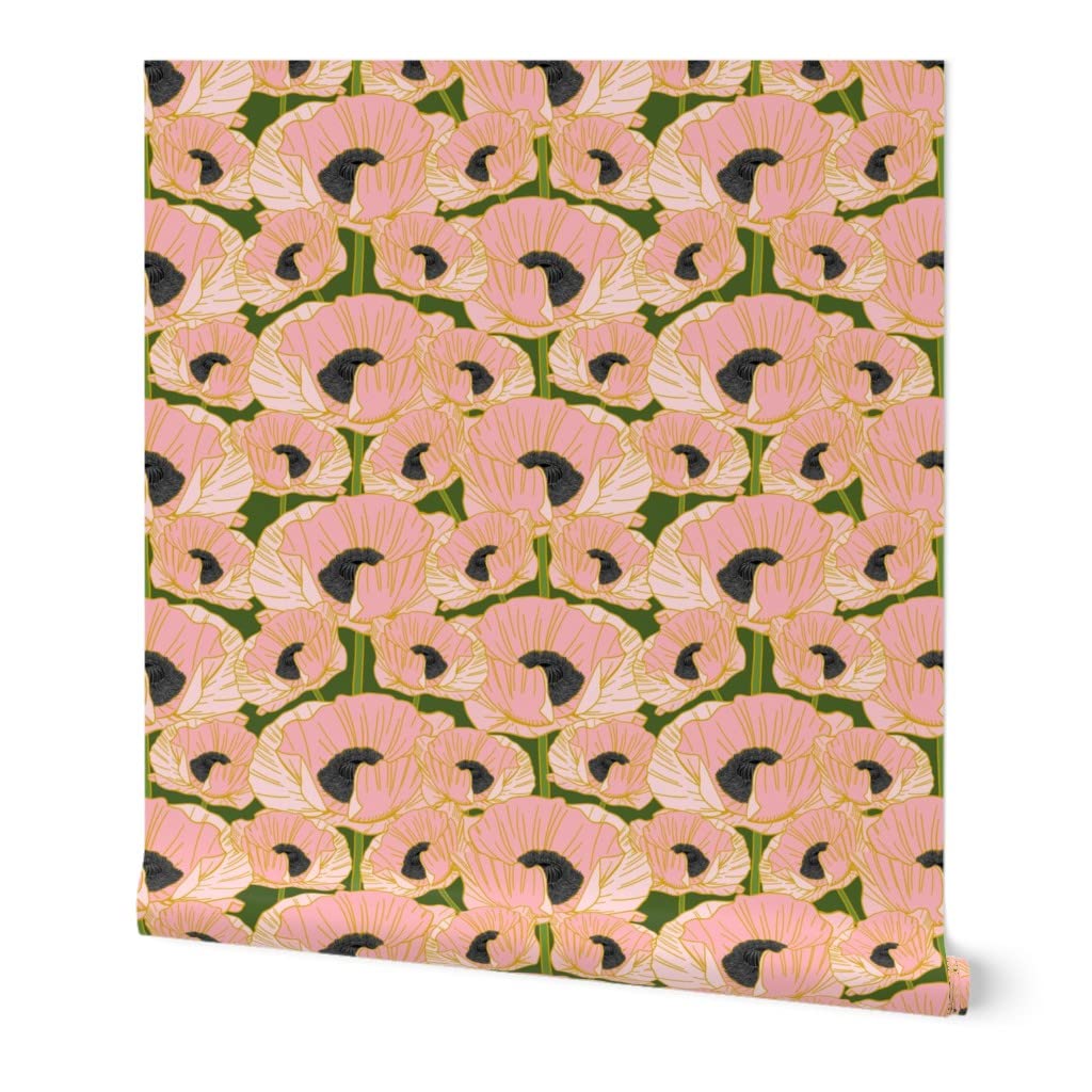 Removable Wallpaper Swatch - Pink Poppy Black Green Floral Art Nouveau Design | Pre-Pasted Peel & Stick Wallpaper by Spoonflower | Perfect for Nursery, Bedroom, or Home Office Decor