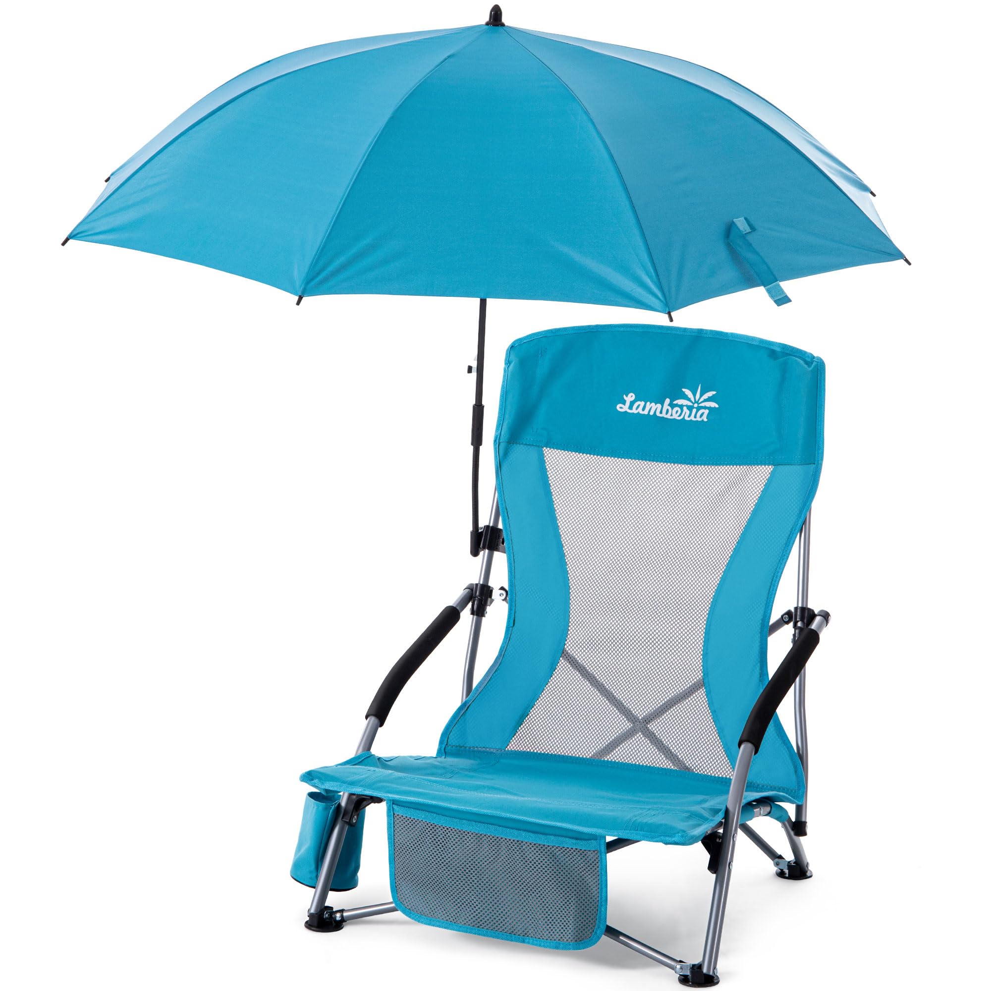 Lamberia Folding Beach Chair with Umbrella - Portable Low Profile Camping Chair for Adults, Supports 300lbs - Lightweight Foldable Outdoor Chair for Travel, Picnic, Concert, Beach & Backyard Relaxation - Blue