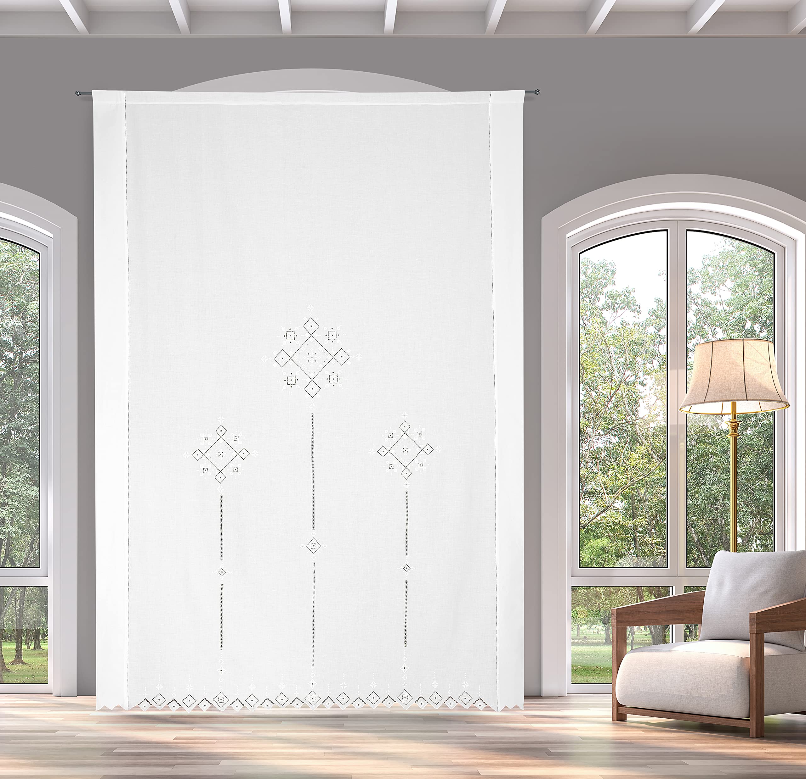 Hand Embroidered Italian Vintage Point Linen Blend Curtain - Made in Italy, 140x300 cm - Elegant Home Decor for Living Room & Bedroom