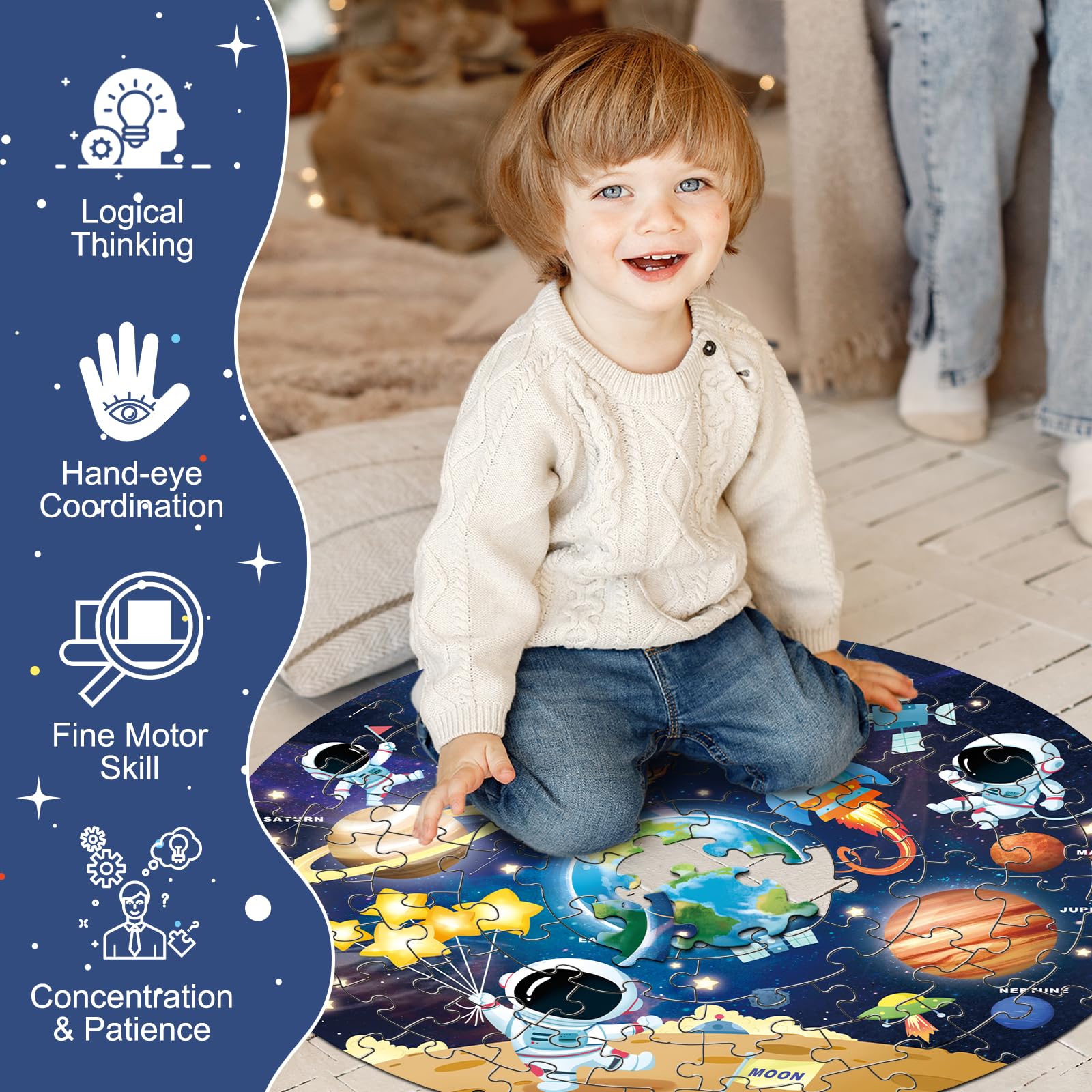 70-Piece Round Jigsaw Puzzle for Kids Ages 3-8 | Educational Floor Toy for Preschool Learning | Solar System Theme for Birthday & Christmas Gifts