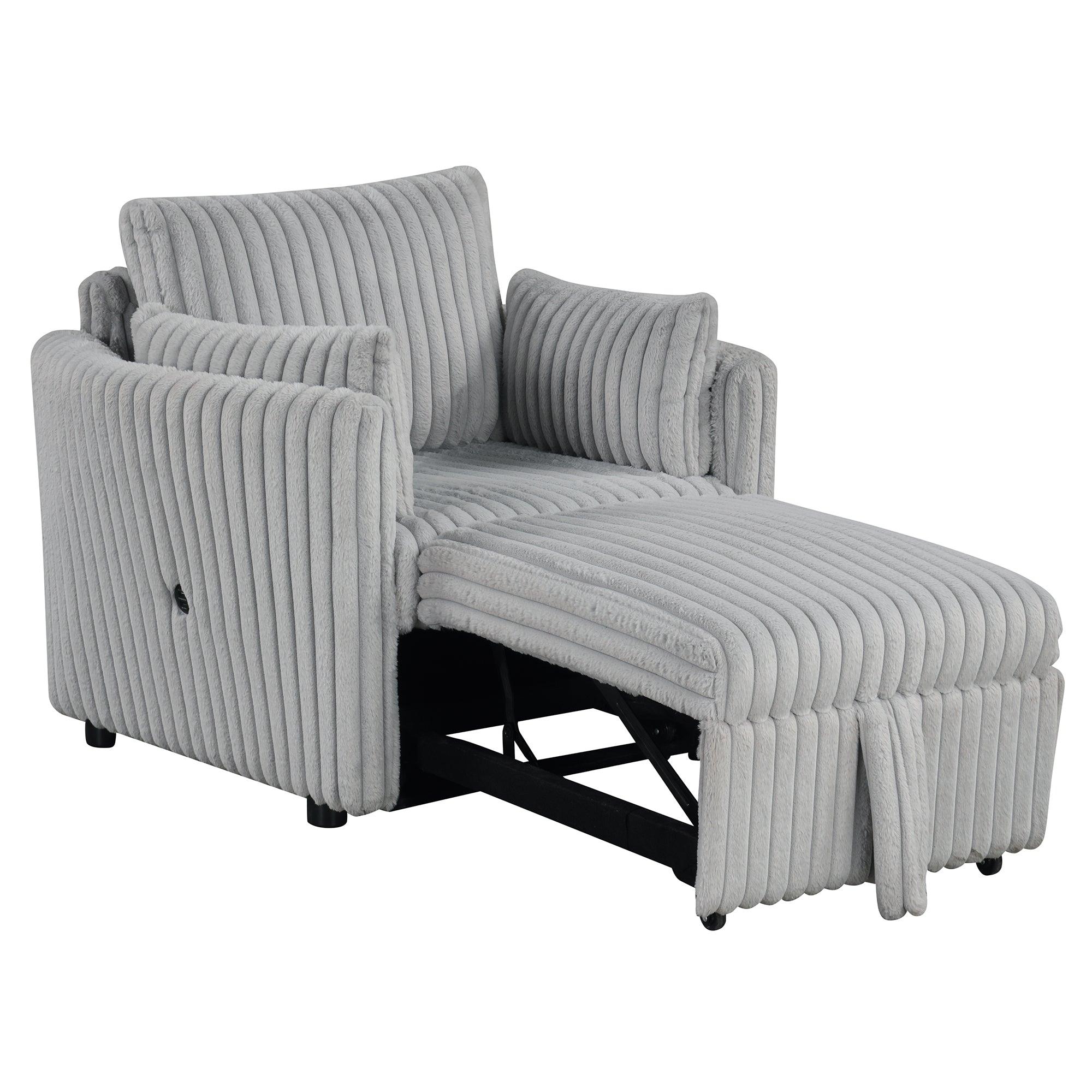 Light Gray Faux Fur Oversized Convertible Sleeper Sectional Sofa with USB Charging Ports - 3-in-1 Daybed, Couch & Chair with 2 Pillows - Perfect for Living Room, Home Theater & Guest Room
