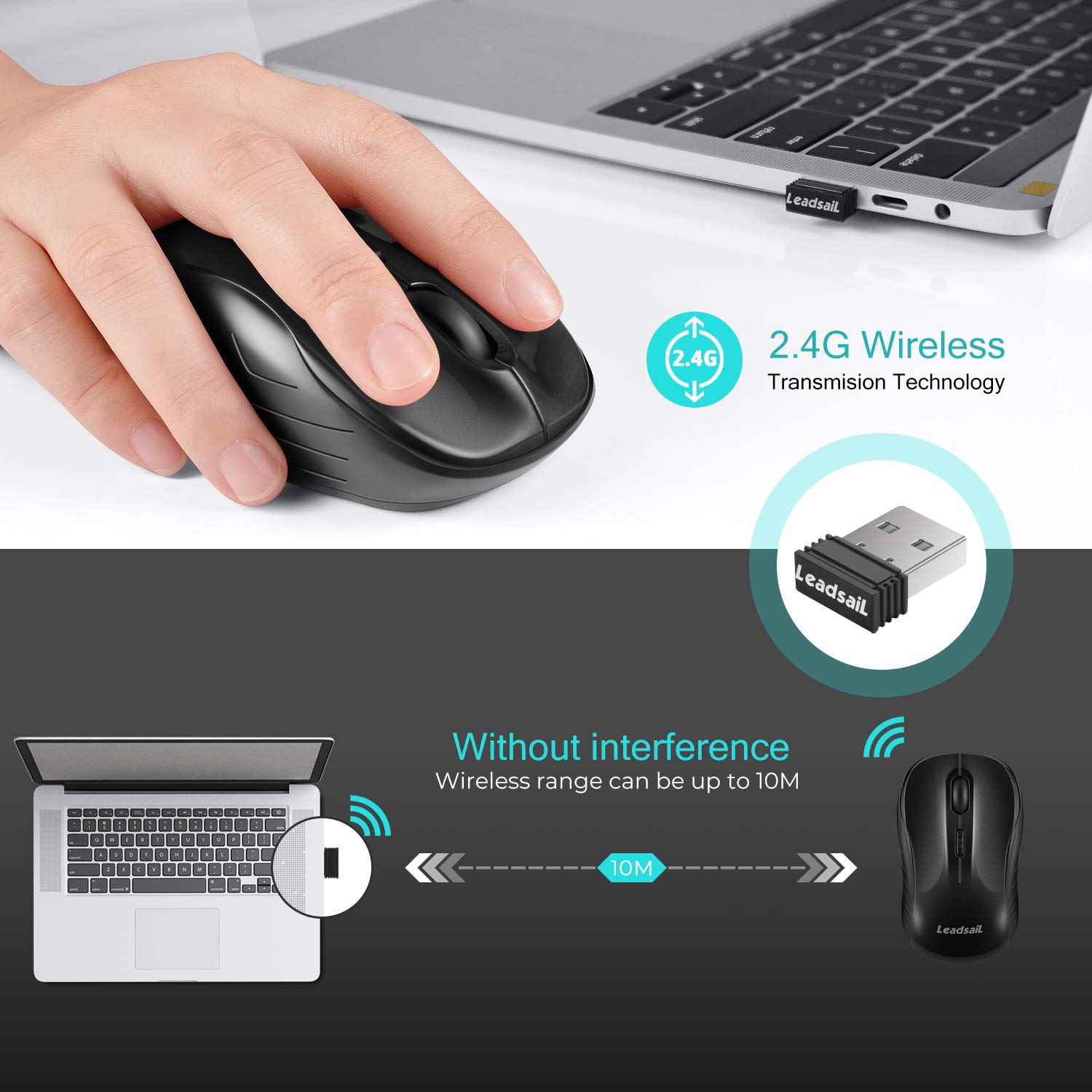 LeadsaiL 2.4G Wireless Ergonomic Mouse with USB Receiver - 3 Adjustable DPI, Silent Click for PC, Laptop, MacBook (Black) | Perfect for Office Work, Gaming & Travel Use