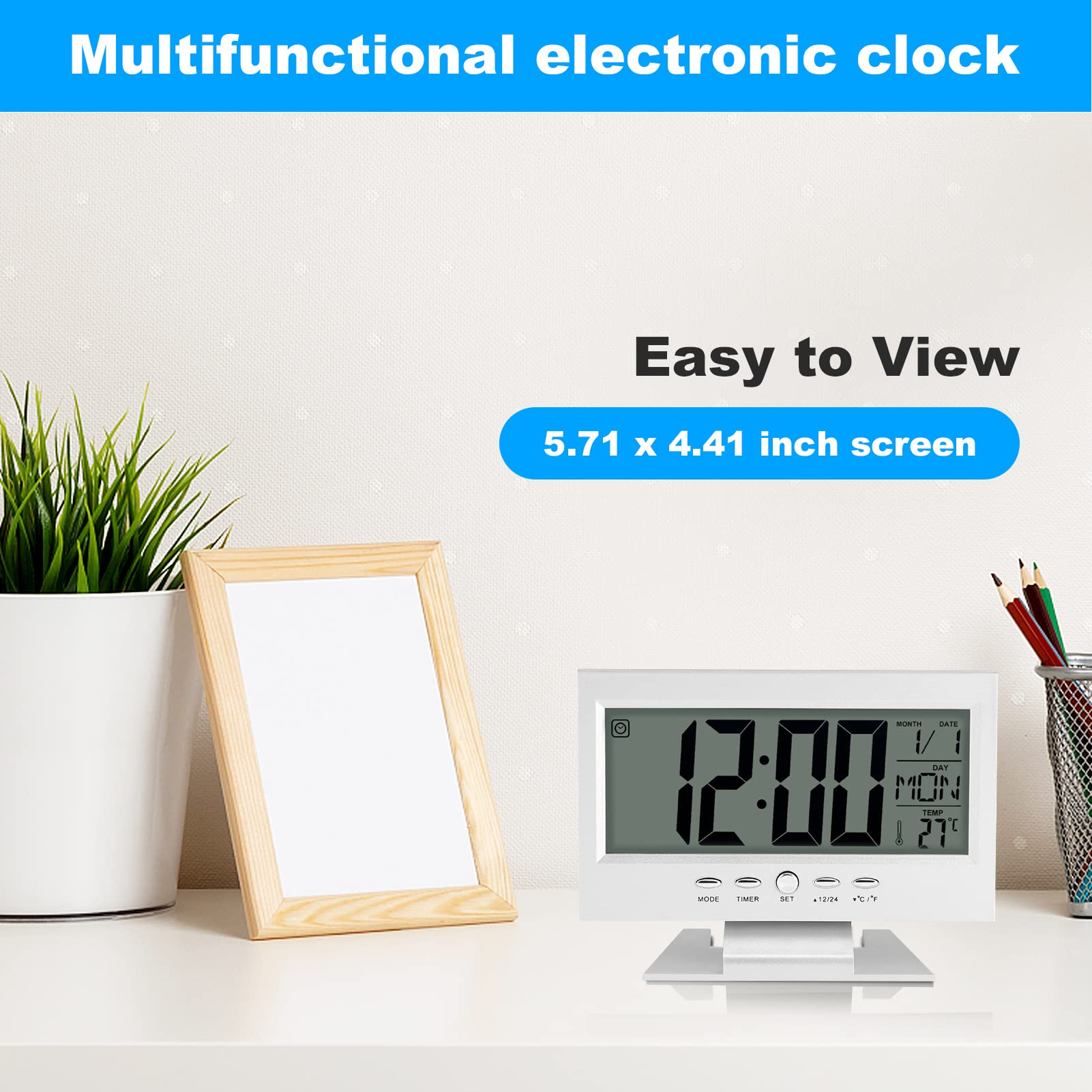 Silver LCD Digital Sound Sensor Alarm Clock with Calendar & Temperature Display - Electric Desk Clock for Bedroom, Office, and Home Use
