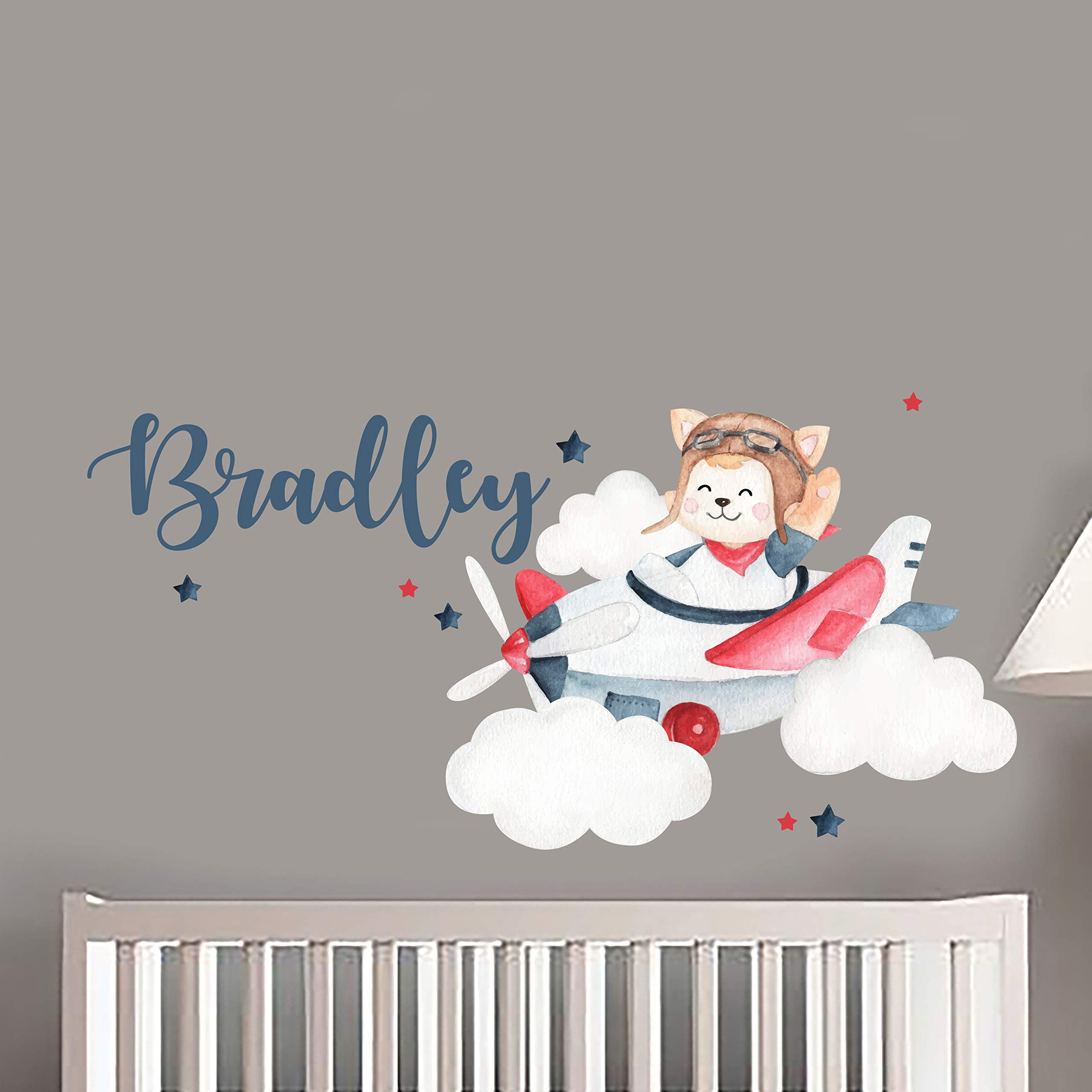 Custom Name Airplane Bear Wall Decal - Removable Nursery Wall Stickers for Baby & Kids Room Decor - Sky Scenery Mural (22