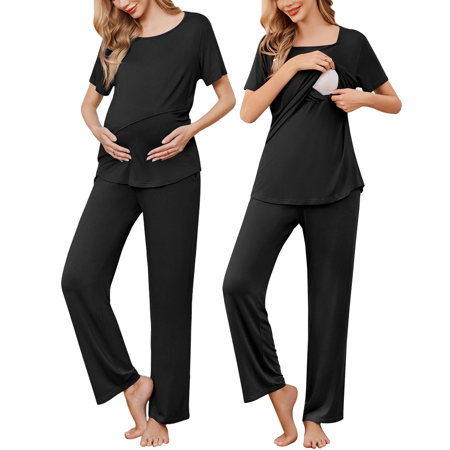 Ekouaer Nursing Pajamas Set - Maternity Sleepwear with Pockets for Breastfeeding Moms