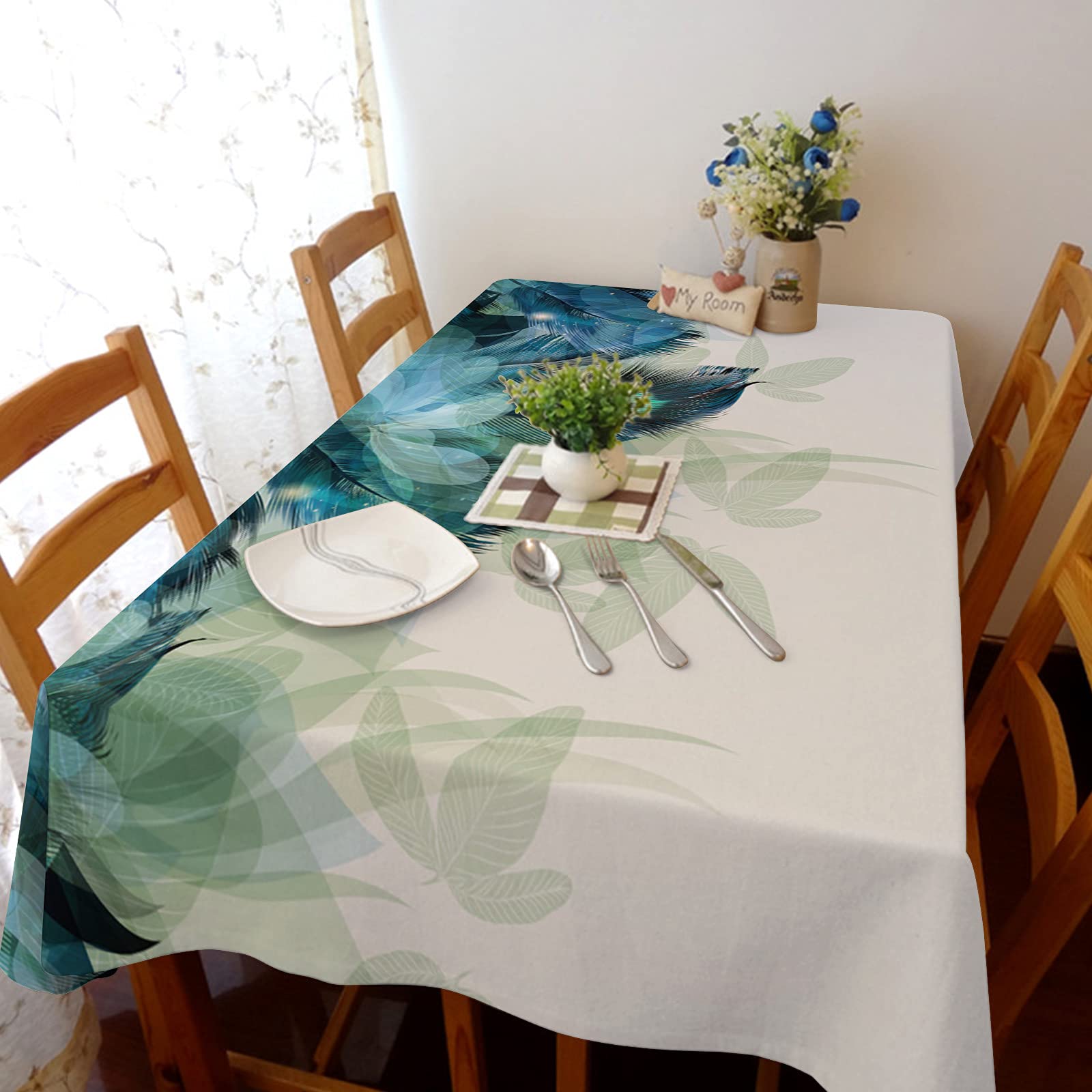 Peacock Feather Teal Blue Cotton Tablecloth for Square & Round Tables - 54