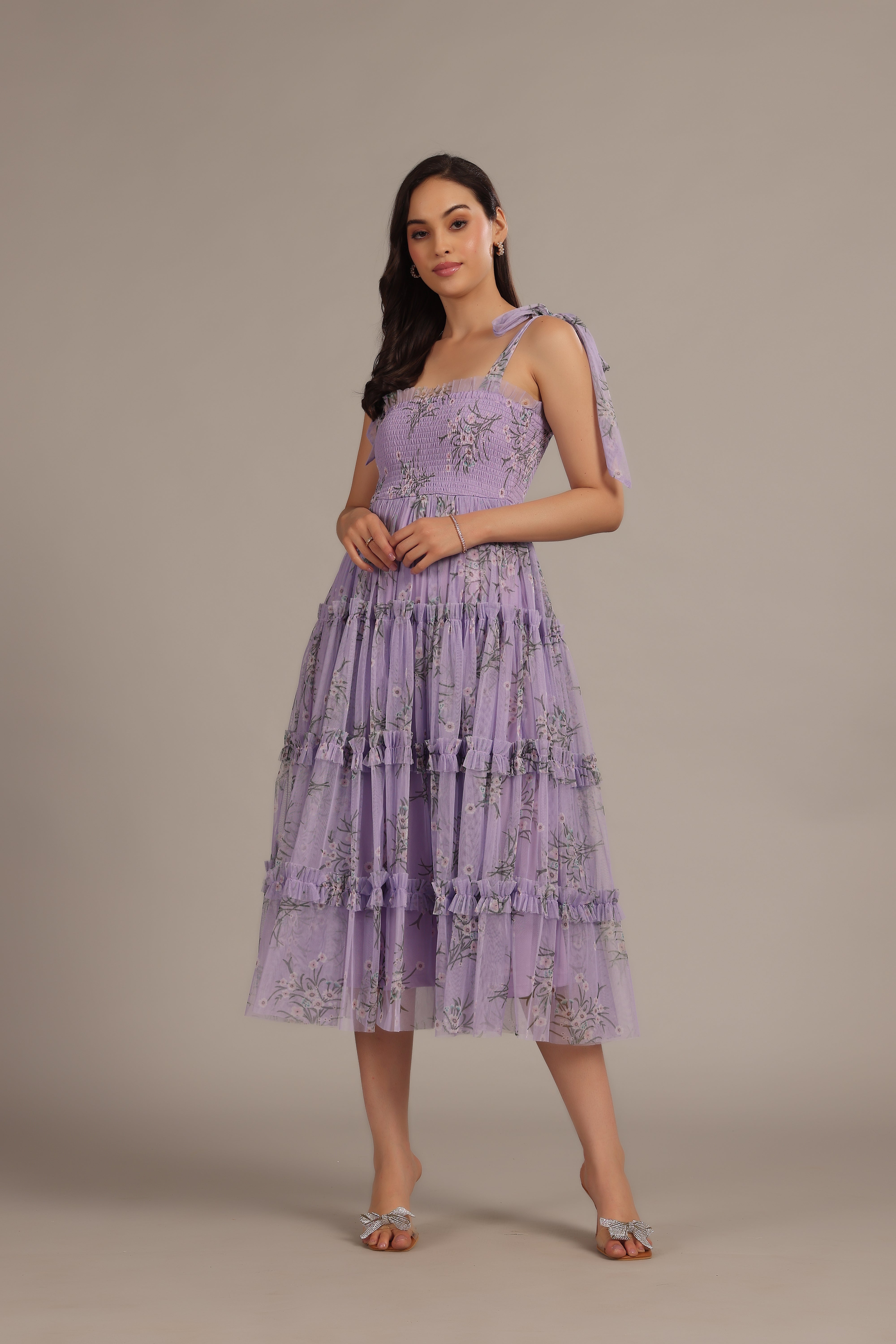 Louise Midi Dress in Lilac Floral Print - Elegant Flowy Summer Dress for Women | Perfect for Weddings, Parties & Date Nights