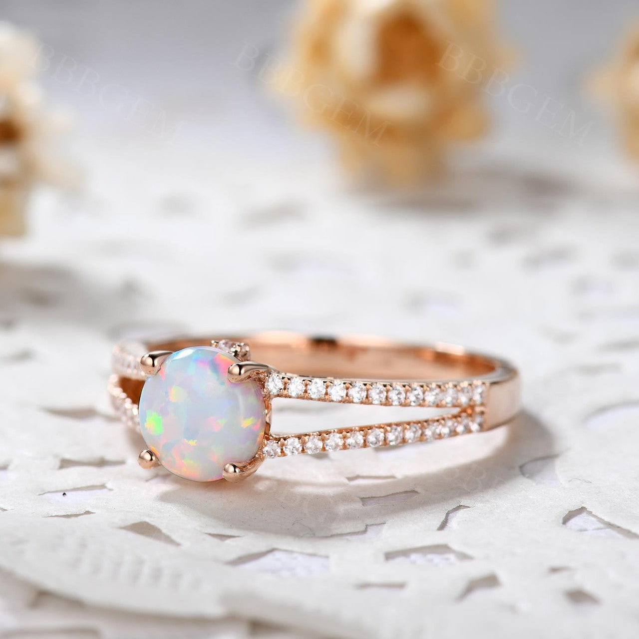 Vintage Opal Engagement Ring - Split Shank Round Cut Opal Wedding Band in Rose Gold | Perfect for Proposals, Anniversaries & Romantic Occasions