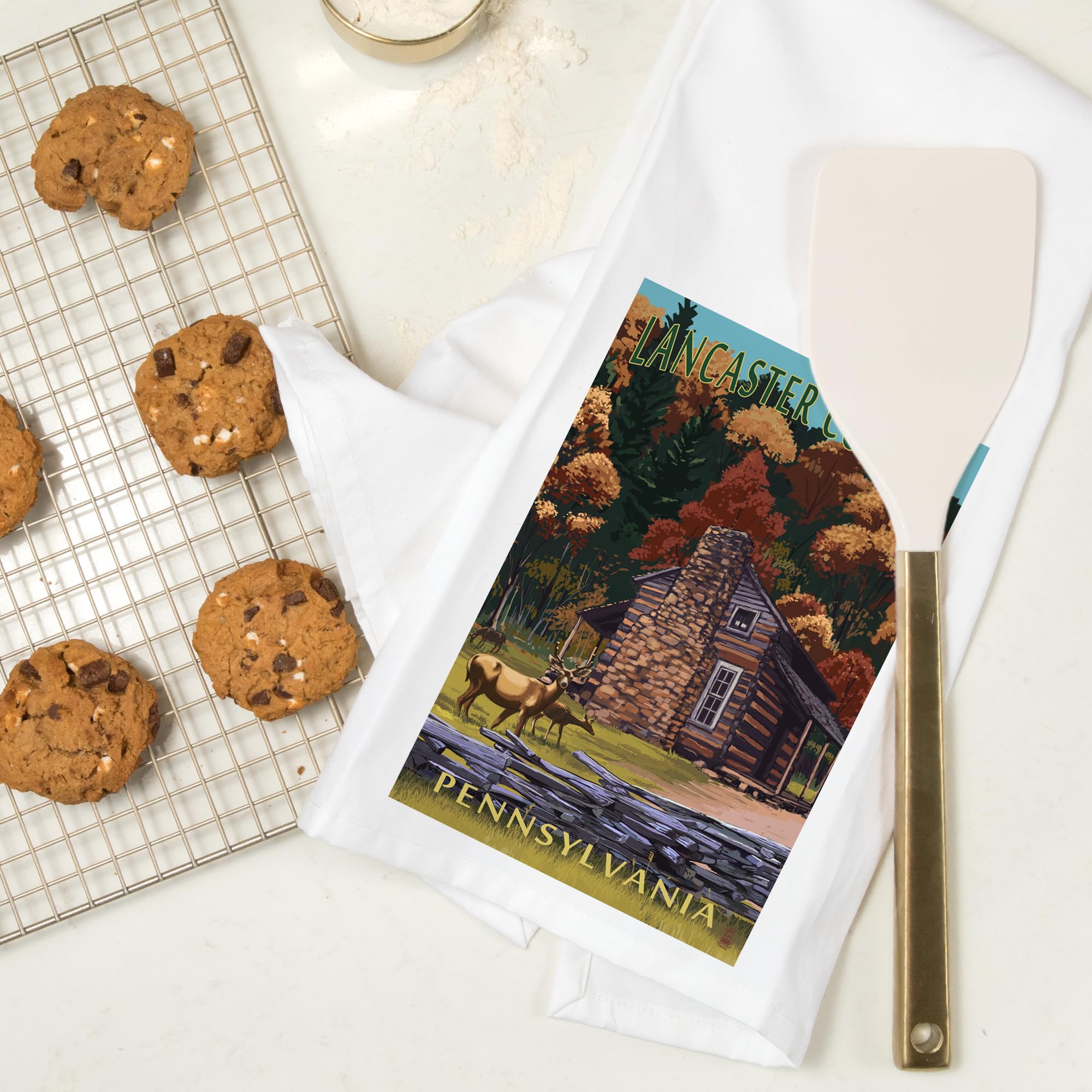 Lancaster County PA Deer Family & Cabin Scene Cotton Tea Towel - Decorative Hand Towel for Kitchen, Bathroom & Home Decor - Perfect for Rustic Farmhouse, Cabin or Country Style Homes