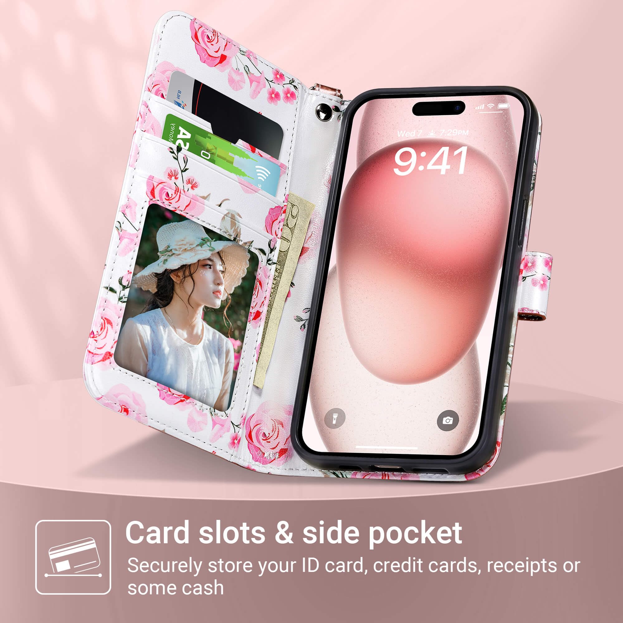 ULAK iPhone 15 Wallet Case for Women - Premium PU Leather Floral Flip Cover with Card Holder & Kickstand | Protective Purse Phone Case for iPhone 15 (6.1 Inch, 2023) | Perfect for Everyday Use, Travel & Shopping (Rose Gold)
