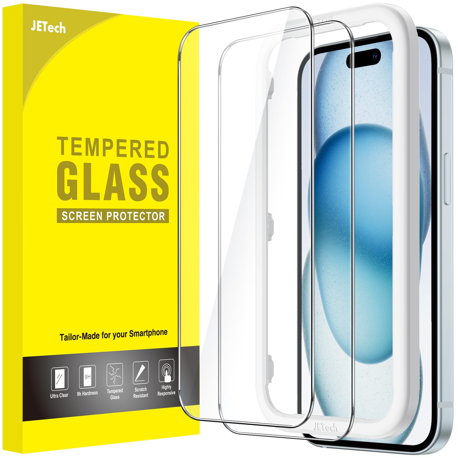 JETech Tempered Glass Screen Protector for iPhone 15 Plus 6.7-Inch - 2 Pack, Bubble-Free, HD Clear, Easy Installation Tool, Case-Friendly - Perfect for Everyday Protection & Gaming