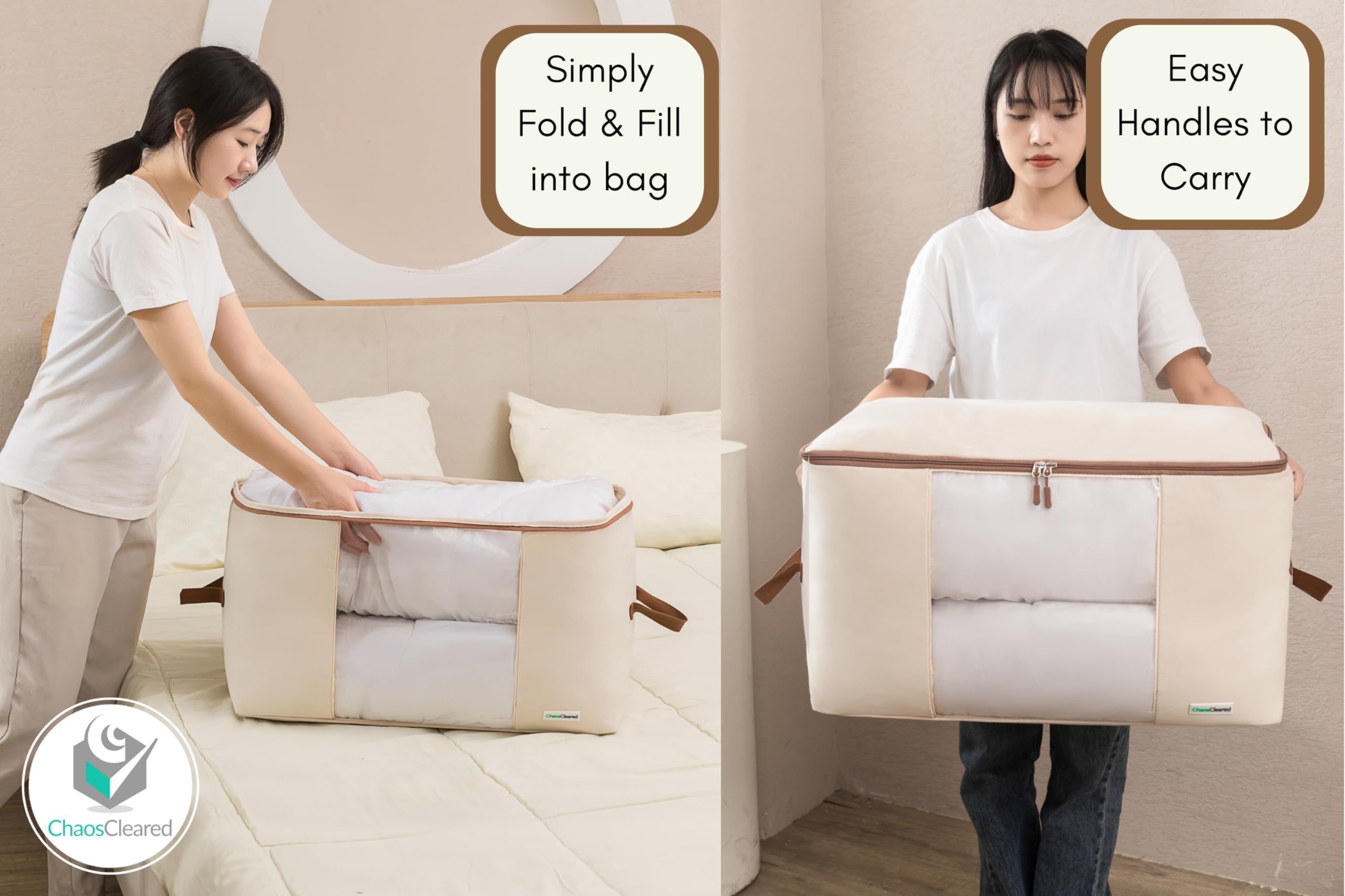 2 Pack Canvas Comforter Storage Bags - King/Queen Size Organizer for Bedding, Quilts, Blankets, Duvets & Pillows | Mothproof Space Saver (24