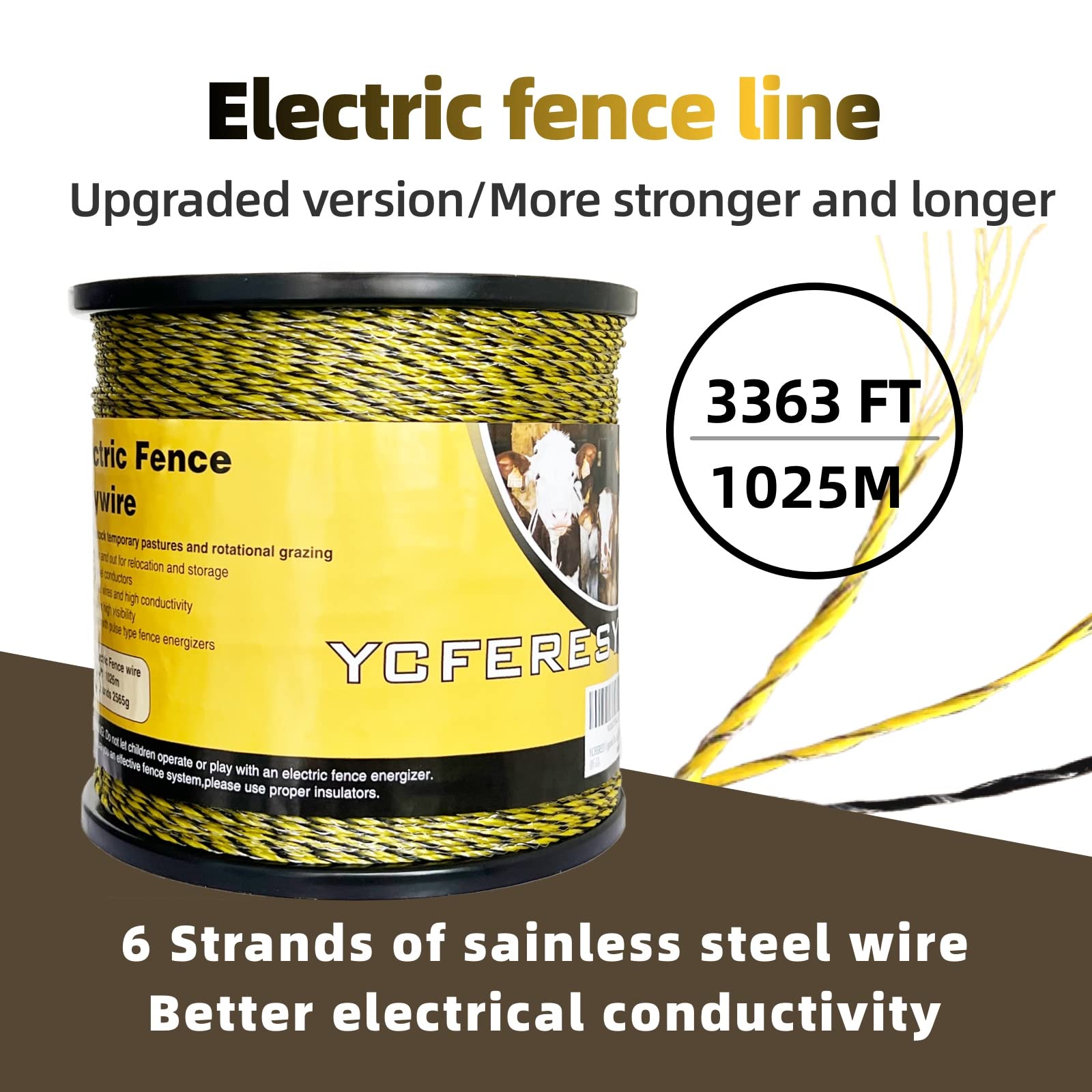 Upgraded Electric Fence Polywire 3366 Feet (1026 Meters) - 6 Stainless Steel Strands for Superior Conductivity & Rust Resistance | Portable UV-Resistant Electric Fencing for Livestock, Pets & Farm Security | Ideal for Pastures, Gardens & Perimeter Protection