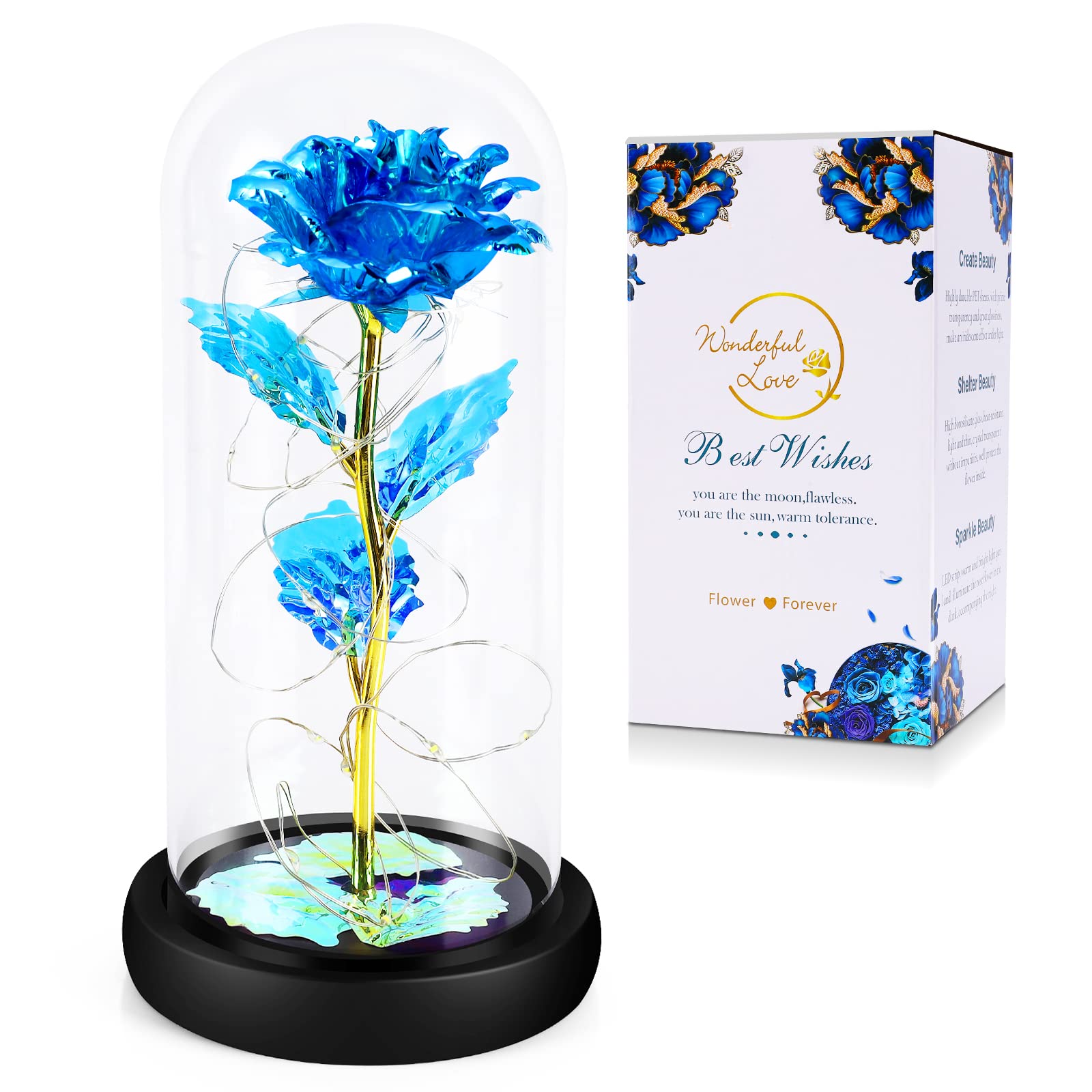 RAIKEDR Artificial Rose Flower in Glass Dome - Elegant Home Decor, Valentine's Day, Mother's Day, Birthday & Anniversary Gift for Women (Blue & Black) - Perfect for Table Centerpieces, Wedding Decor, and Romantic Surprises