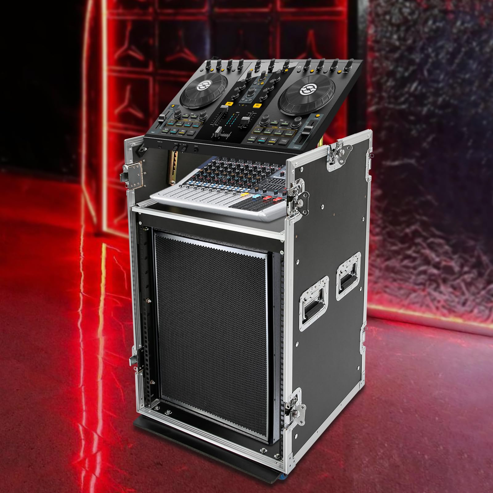 14U Heavy-Duty PA DJ Rack Cabinet - Professional Tour-Grade ATA Case with 4 Wheels, Large Mixer Countertop & Easy Assembly - Perfect for Live Performances, Studio Setup & Mobile DJ Gigs
