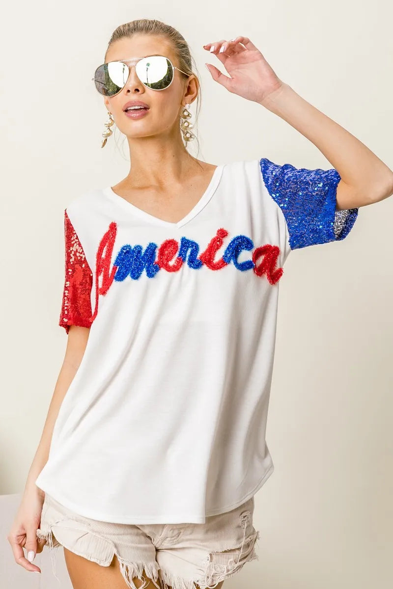 BiBi Metallic Letter V-Neck Sequin Sleeves Top for Women | Party Wear, Club Outfit, Evening Dress, Special Occasion Fashion